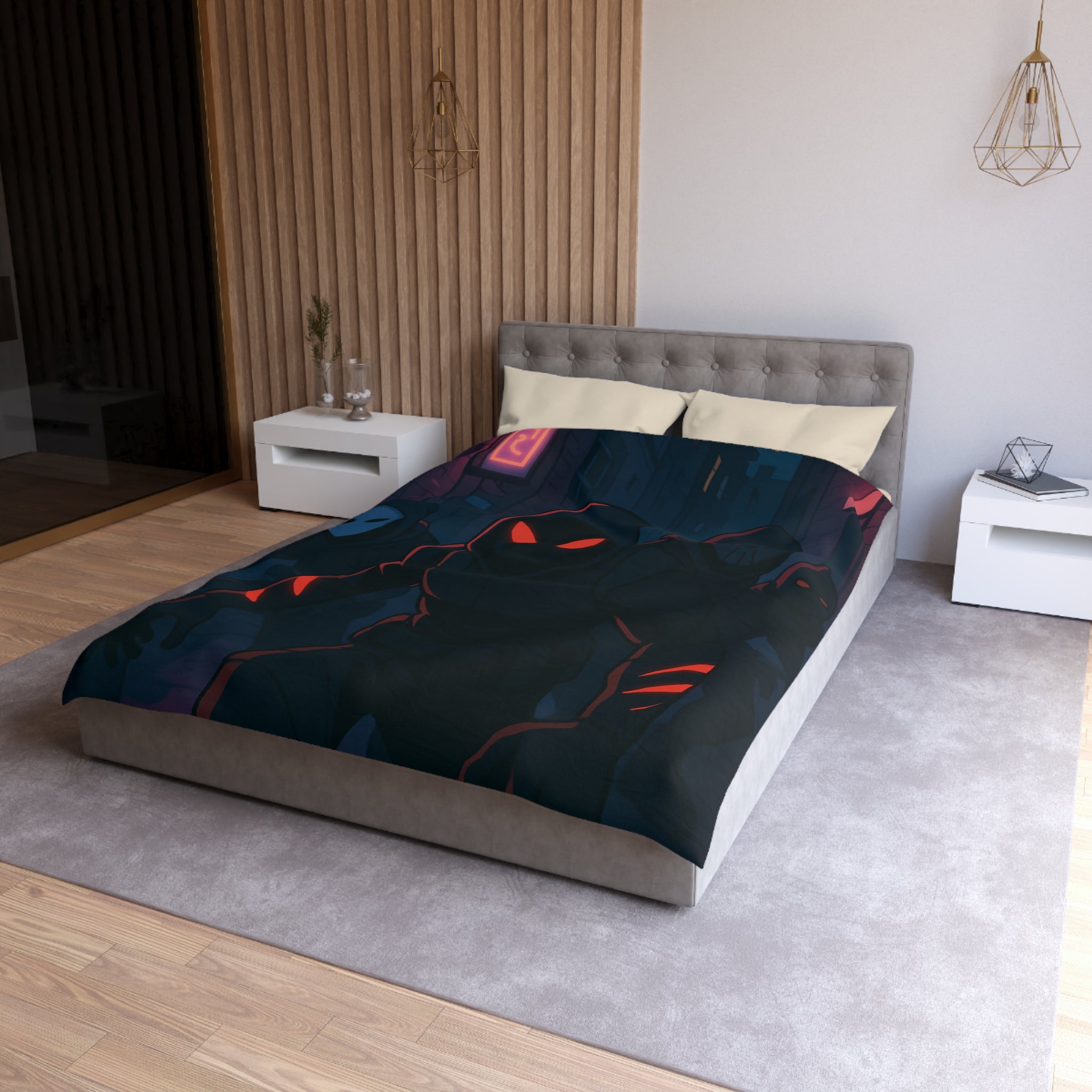 Housse de couette urbaine avec silhouettes mystérieuses et ambiance sombre néon