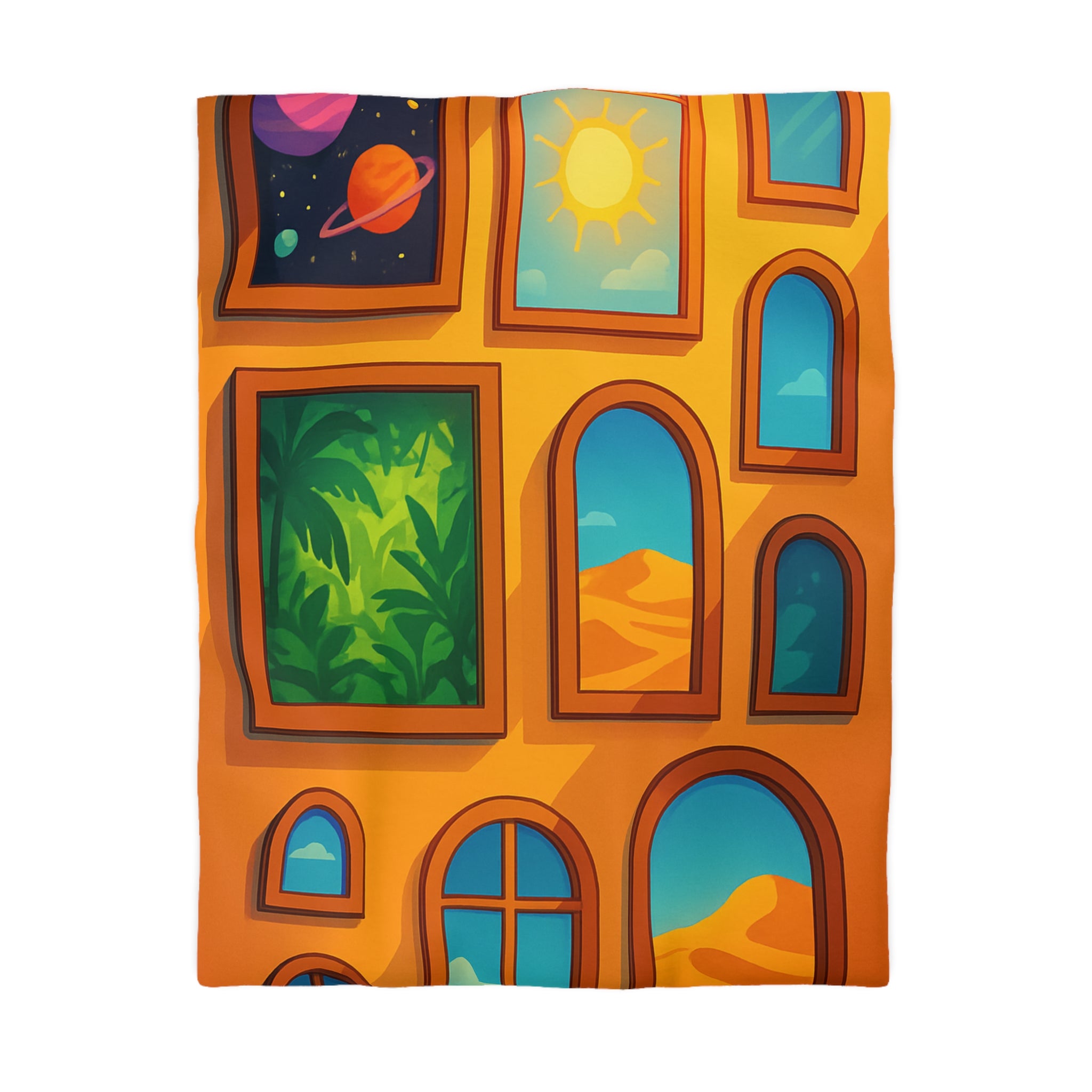 Housse de couette vibrante avec fenêtres sur l'univers et paysages exotiques