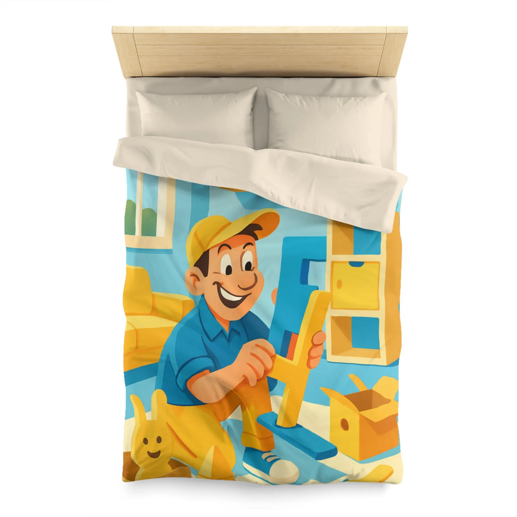Housse de couette colorée avec personnage joyeux assemblant des jouets dans une pièce ensoleillée