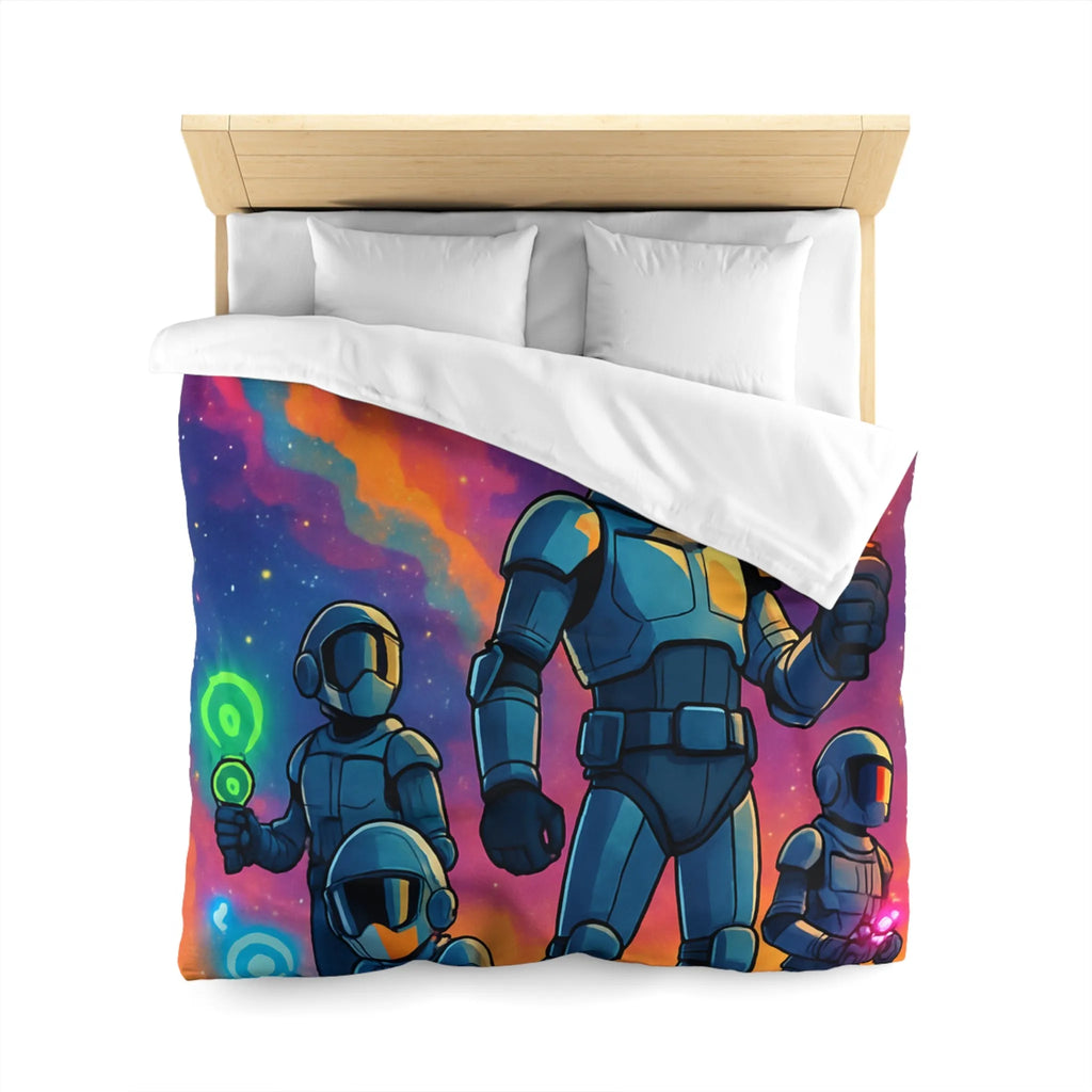 Housse de couette futuriste colorée avec quatre astronautes sous galaxie vibrante et étoilée