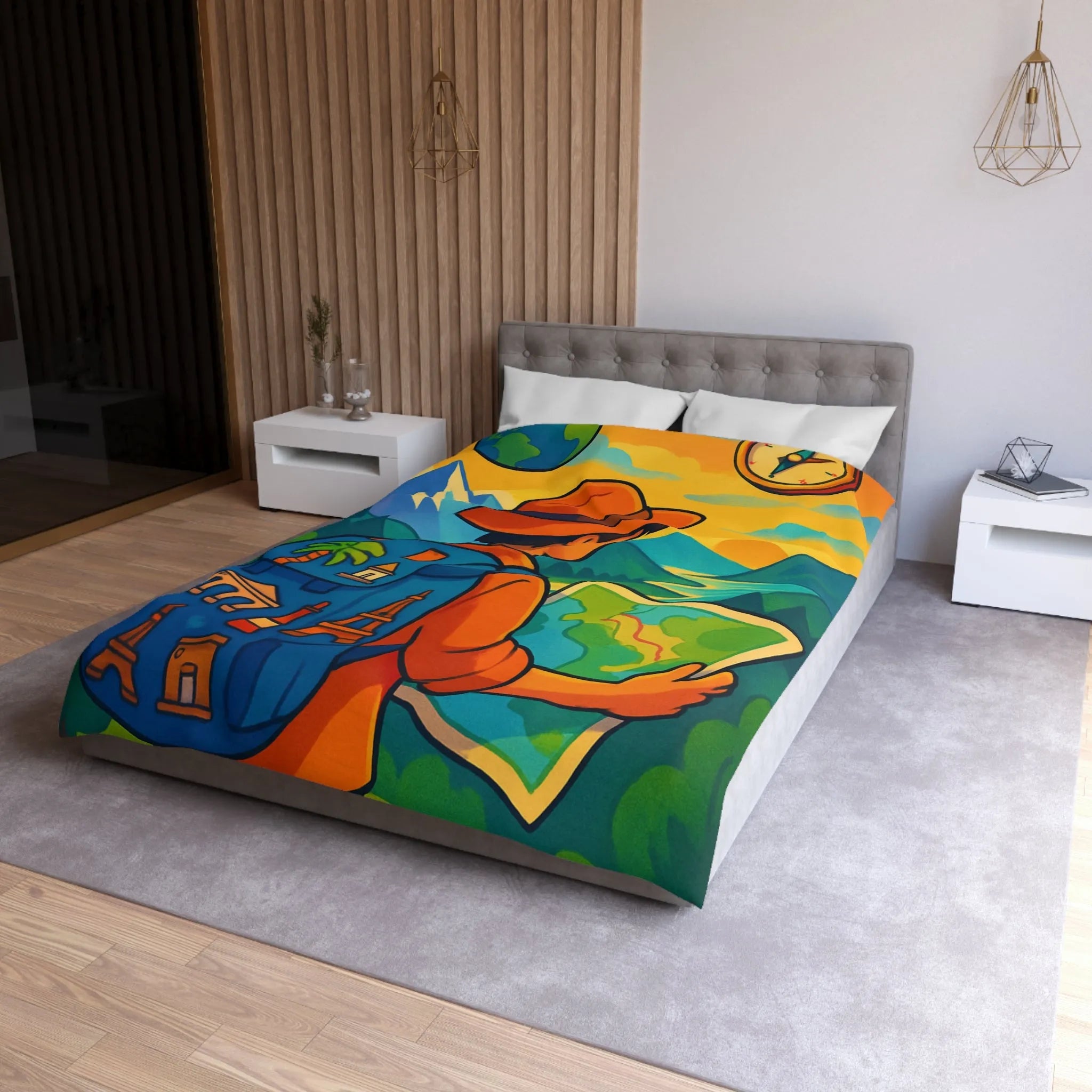 Housse de couette explorateur colorée avec carte, montagnes, boussole et monuments célèbres