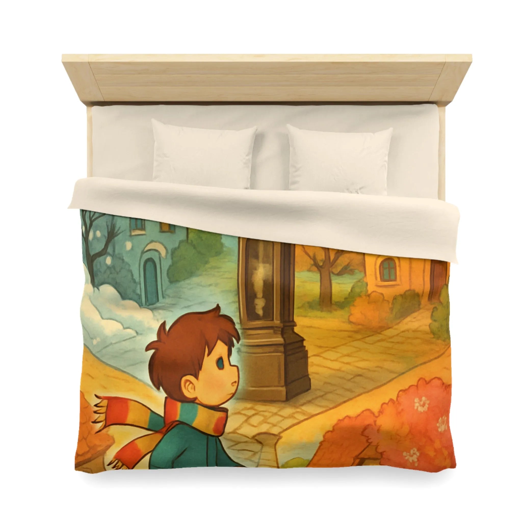 Housse de Couette Enfant Colorée avec Scène Enchanteresse de Village et Horloge Fantaisiste