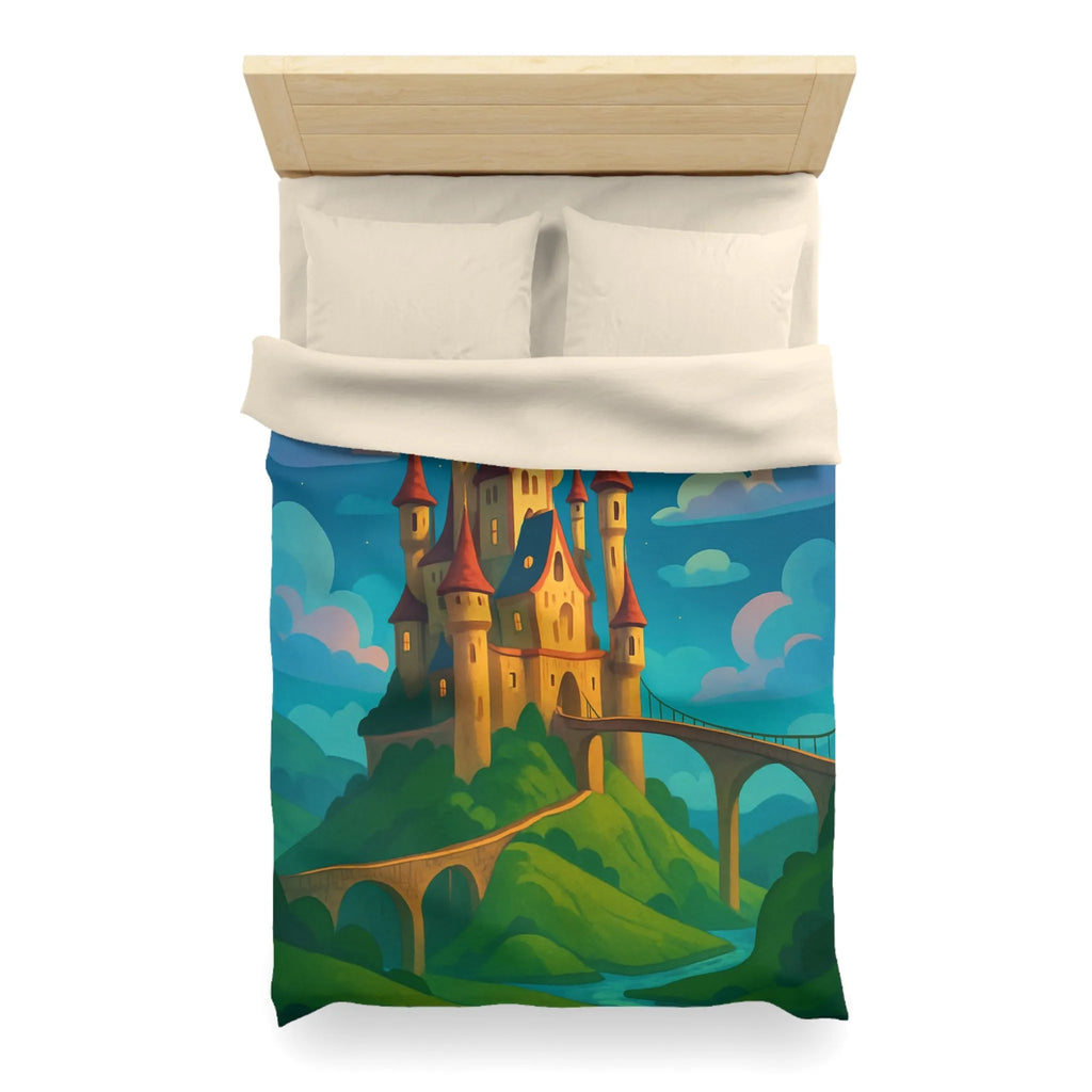 Housse de couette château féerique illuminé par la lune dans un paysage enchanteur nocturne