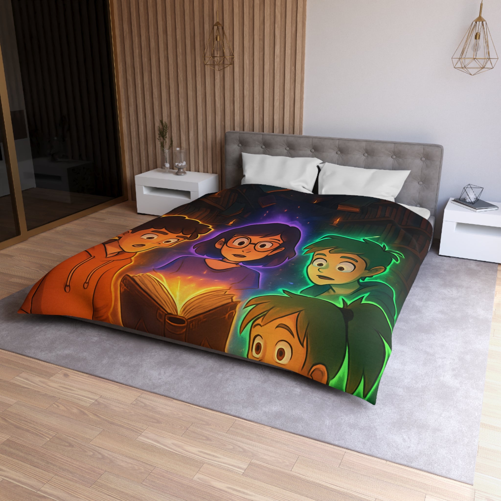 Housse de Couette Mystérieuse avec Enfants Découvrant Livre Magique dans Bibliothèque Enchantée