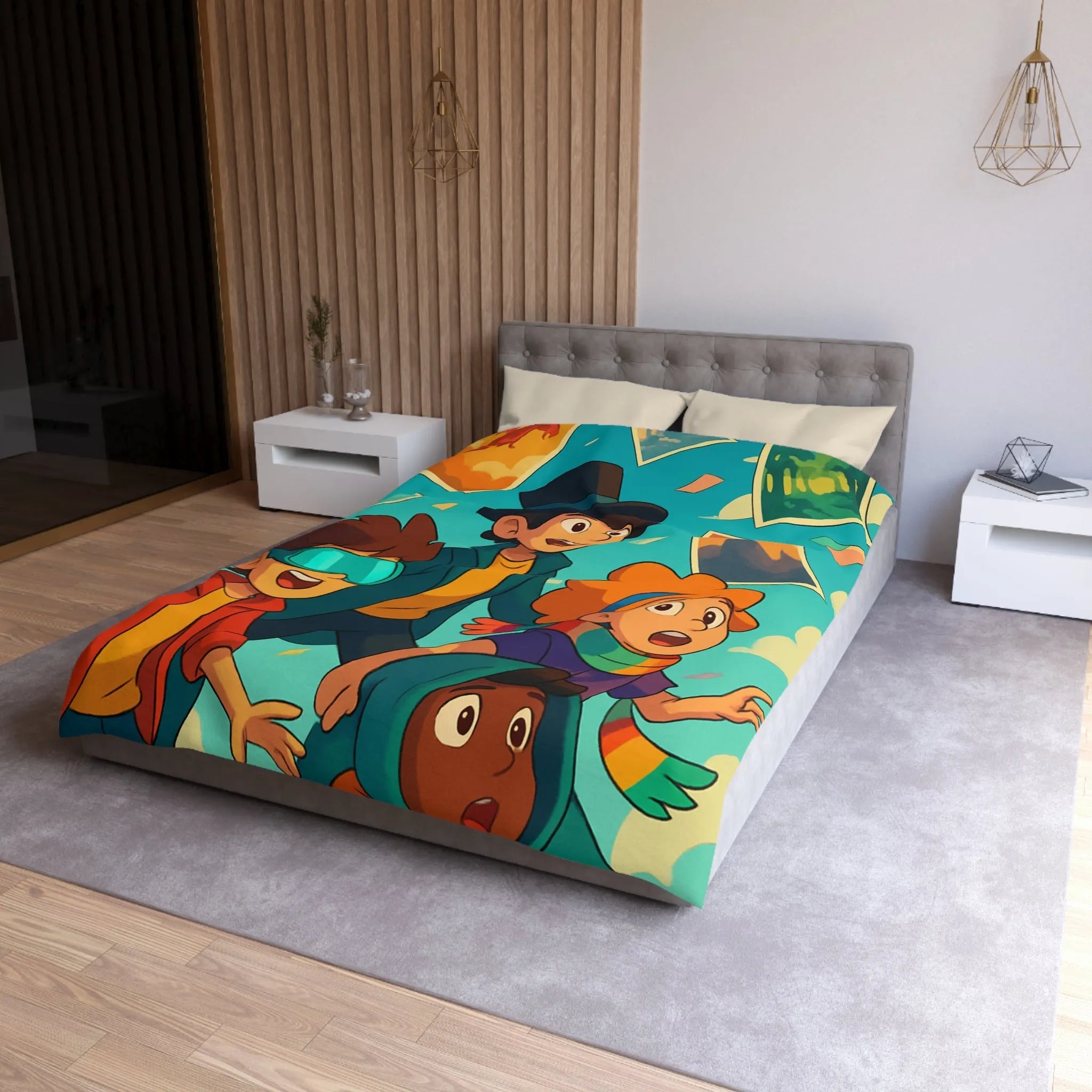 Housse de couette colorée avec enfants explorateurs et illustrations de paysages flottants