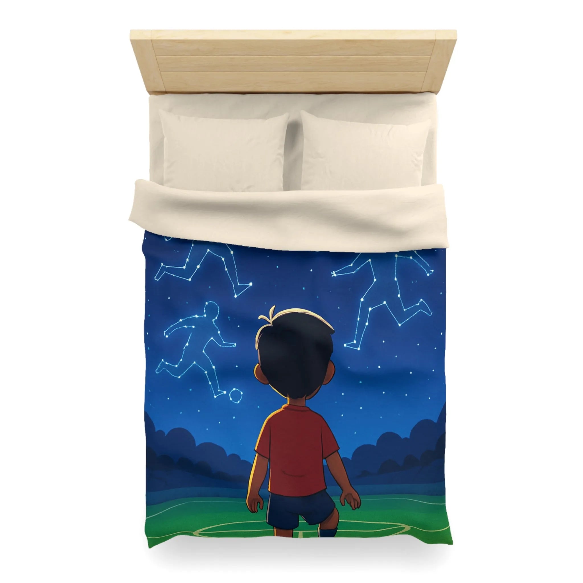Housse de couette étoilée avec enfant rêvant de football sous ciel constellé