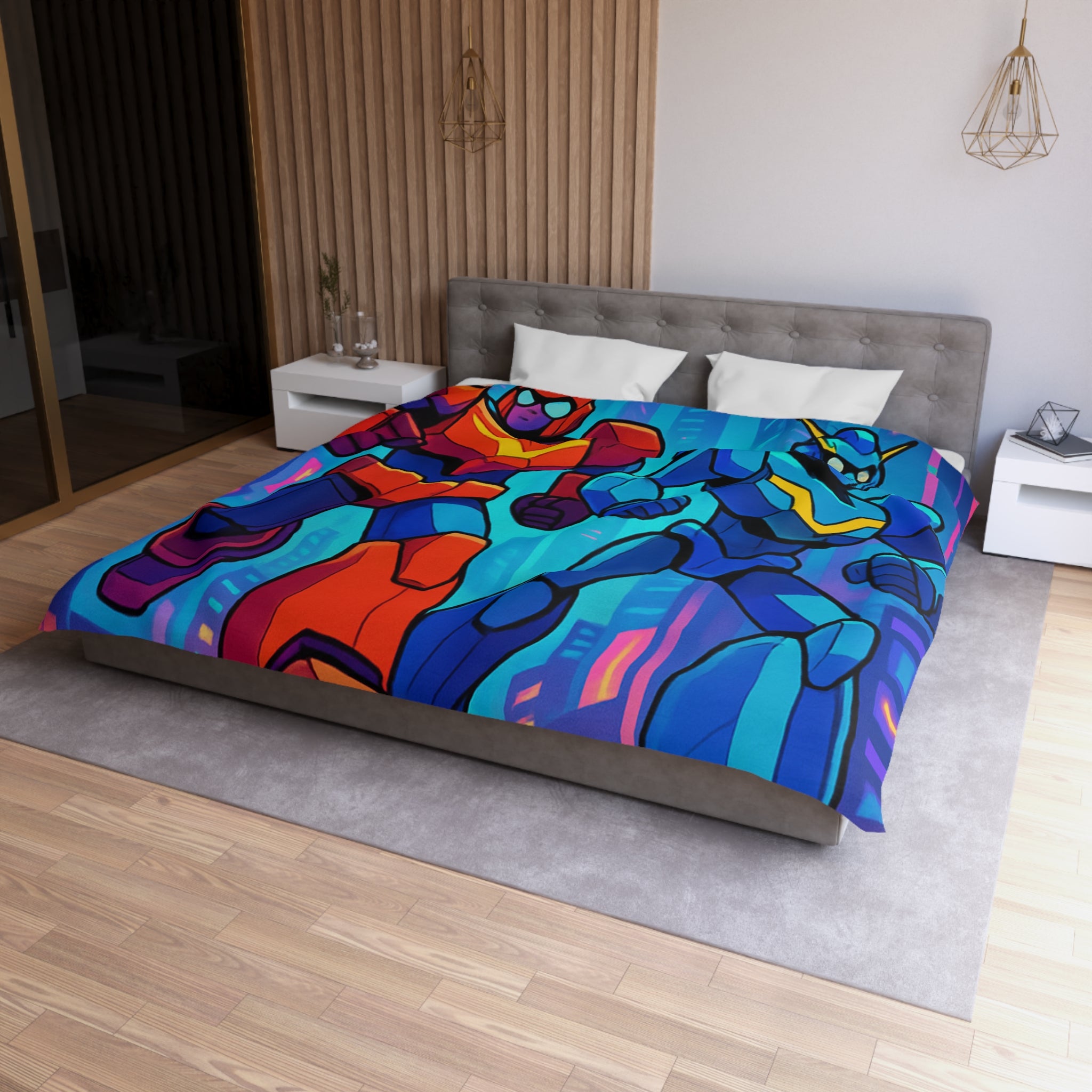 Housse de couette robot futuriste colorée, style rétro avec ambiance urbaine dynamique