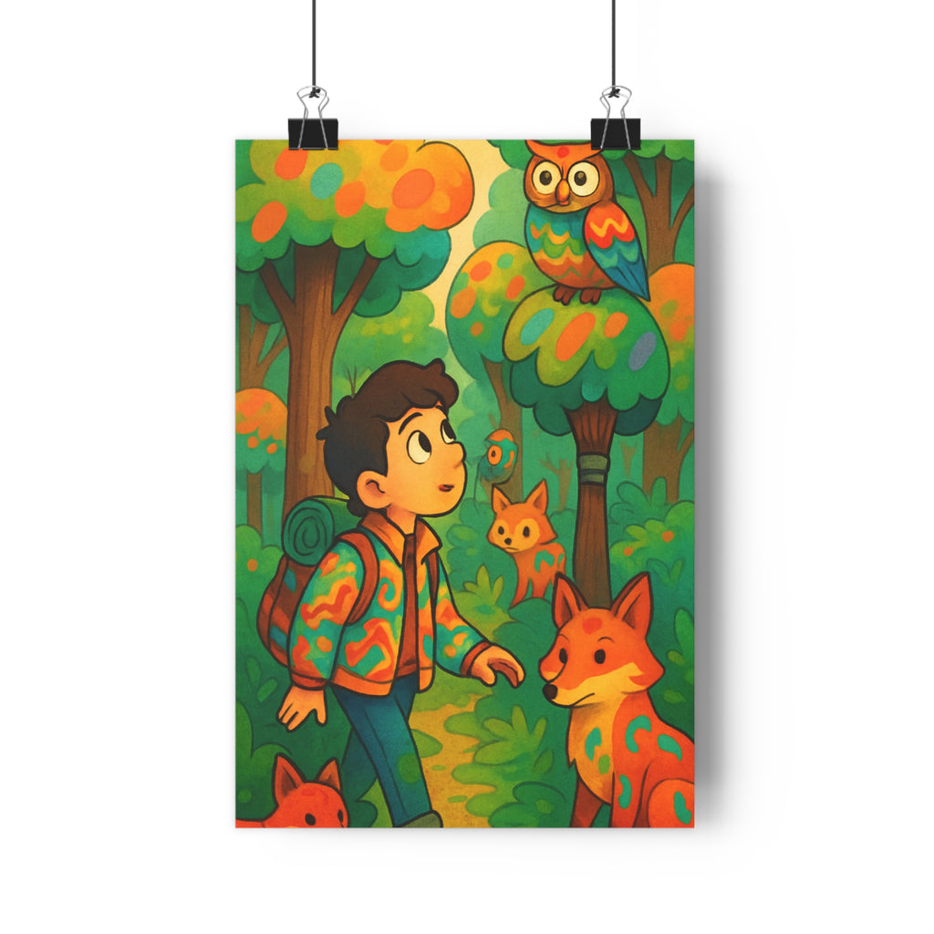 Poster décoratif cartoon vert orange bleu aventure enfant chambre fantastique animaux nature 30x46 enchanté