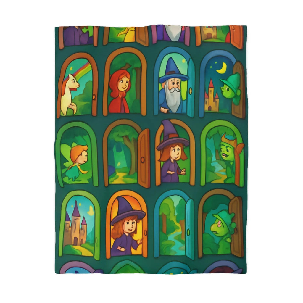 Enchantement magique avec motifs de sorcières, chevaux, et châteaux sur housse de couette