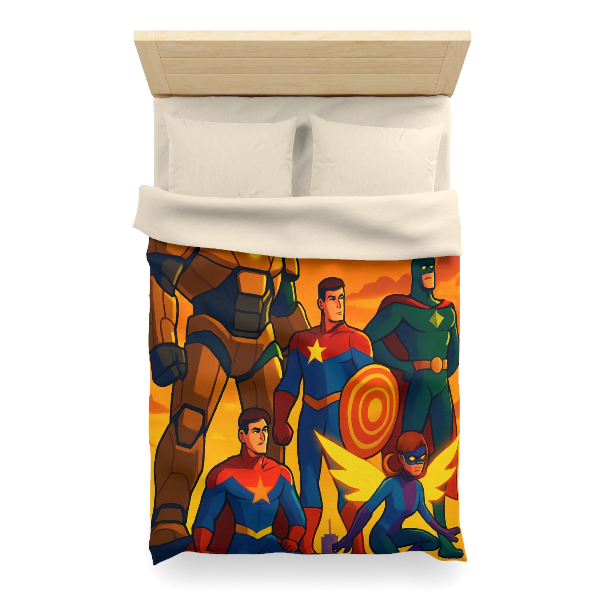 Housse de couette super-héros en costumes colorés avec coucher de soleil épique en arrière-plan