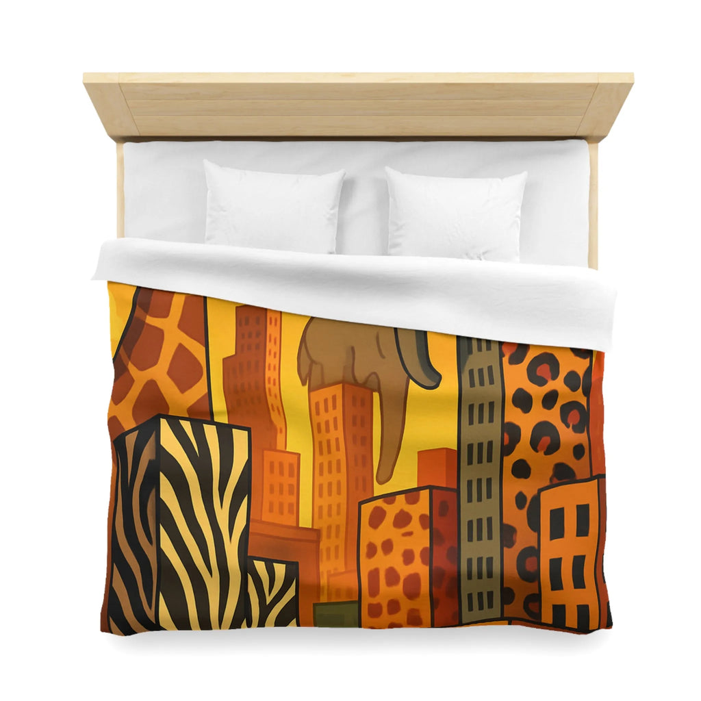 Housse de couette jungle urbaine : gratte-ciel animaux dans tons chauds, motif sauvage