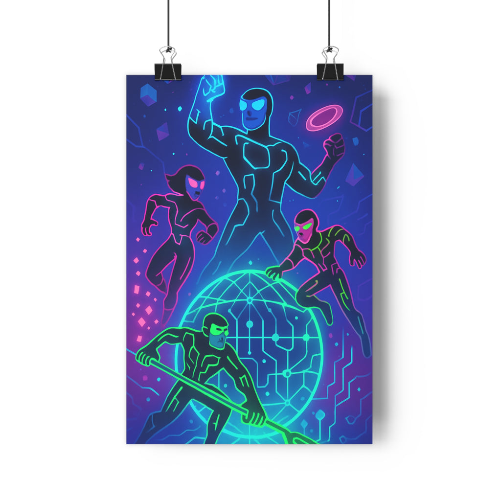 Poster décoratif futuriste néon bleu rose vert héros stylisés chambre fan moderne 30x46 cm
