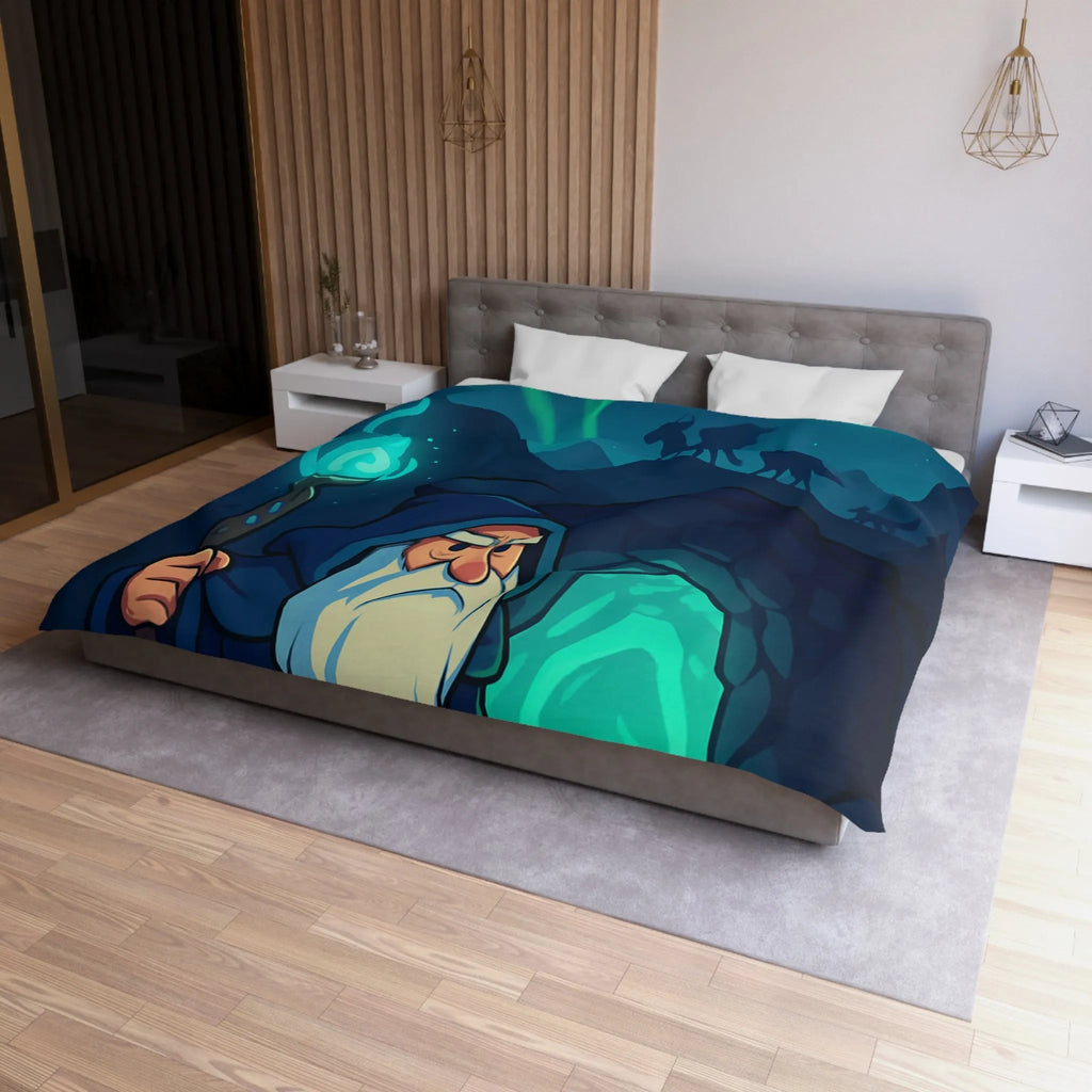 Housse de couette avec illustration de sorcier sous une aurore boréale et pleine lune