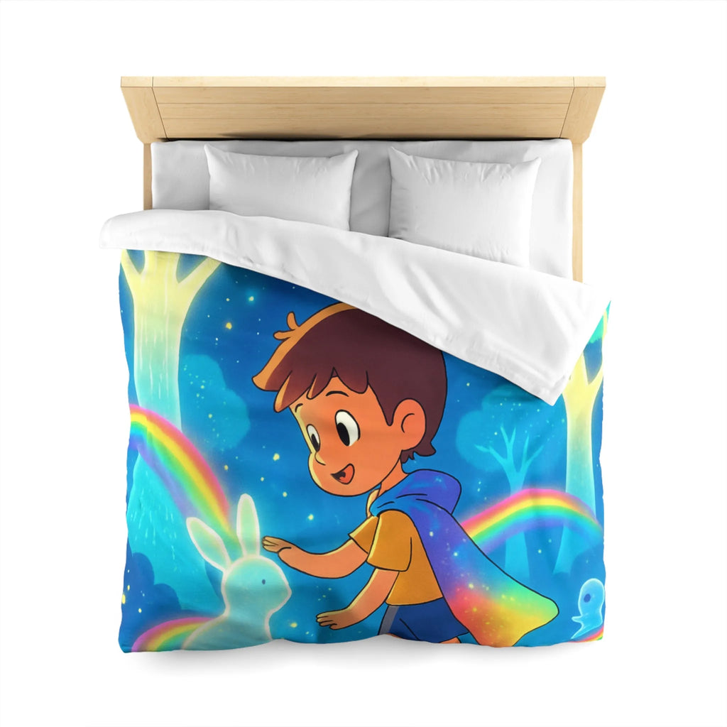 Housse de couette enfantine aux créatures lumineuses et arcs-en-ciel dans forêt enchantée