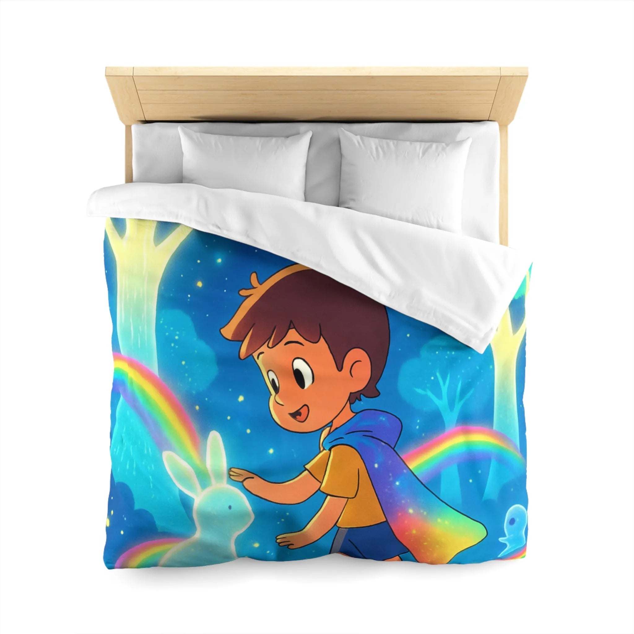 Housse de couette enfantine aux créatures lumineuses et arcs-en-ciel dans forêt enchantée