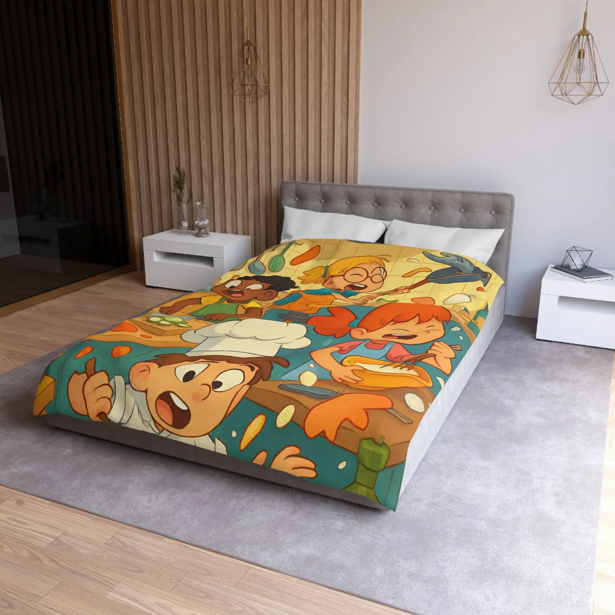 Housse de couette illustrée cuisine enfants joyeux couleurs vives spatule éclaboussures légumes