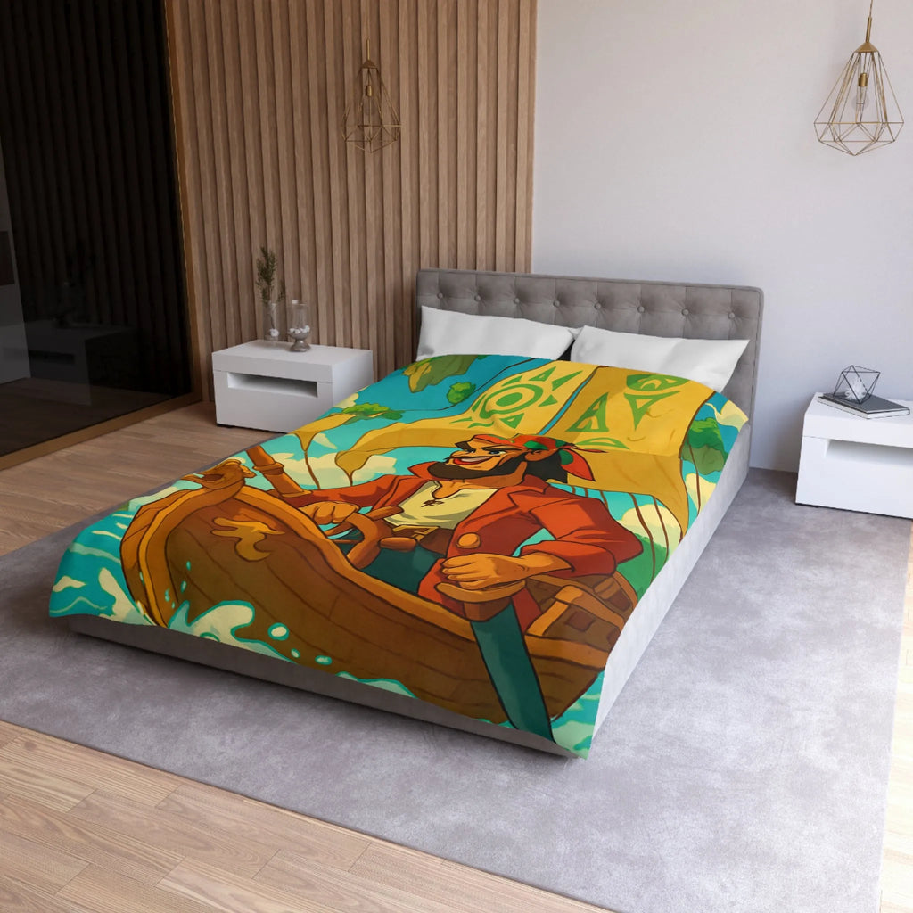 Housse de couette colorée avec pirate en bateau sur mer et îles flottantes