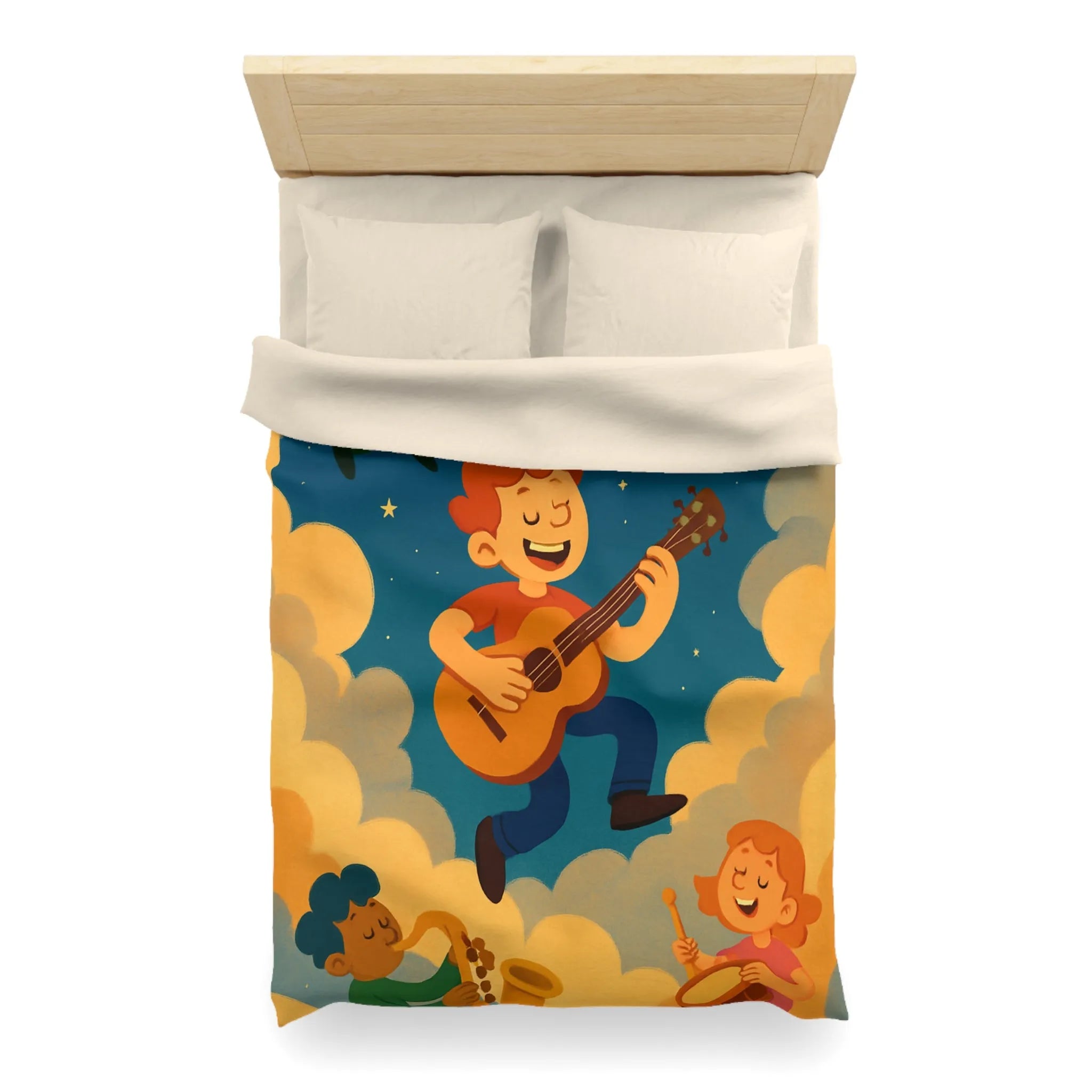Housse de couette colorée avec musiciens joyeux flottant parmi les nuages étoilés