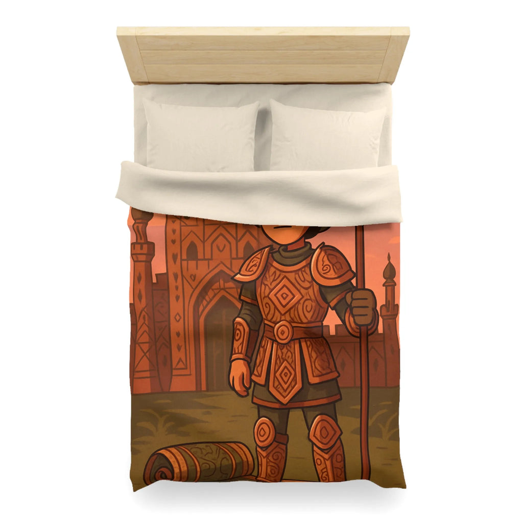 Aventurier médiéval en armure détaillée avec château oriental devant lever de soleil orangé