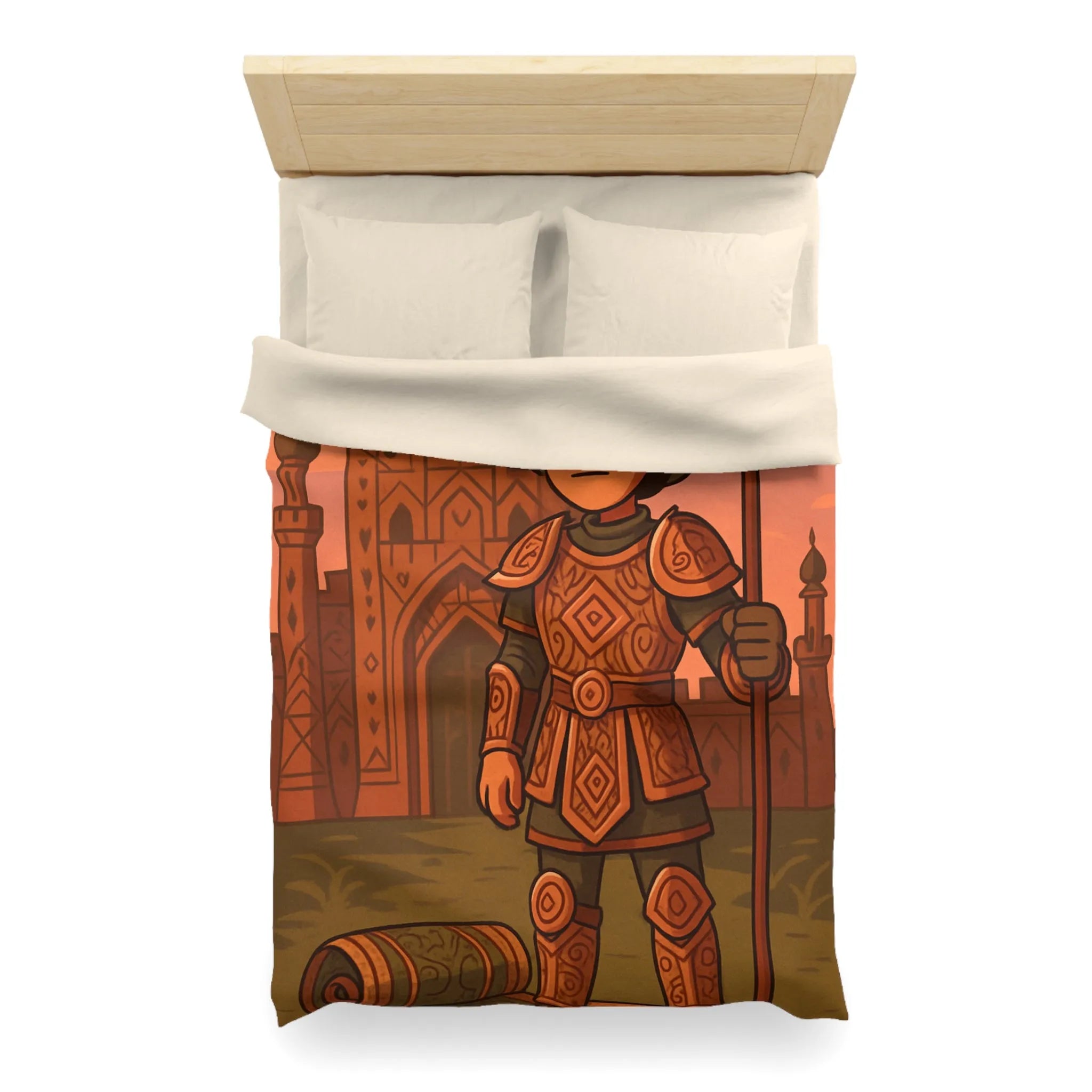 Aventurier médiéval en armure détaillée avec château oriental devant lever de soleil orangé