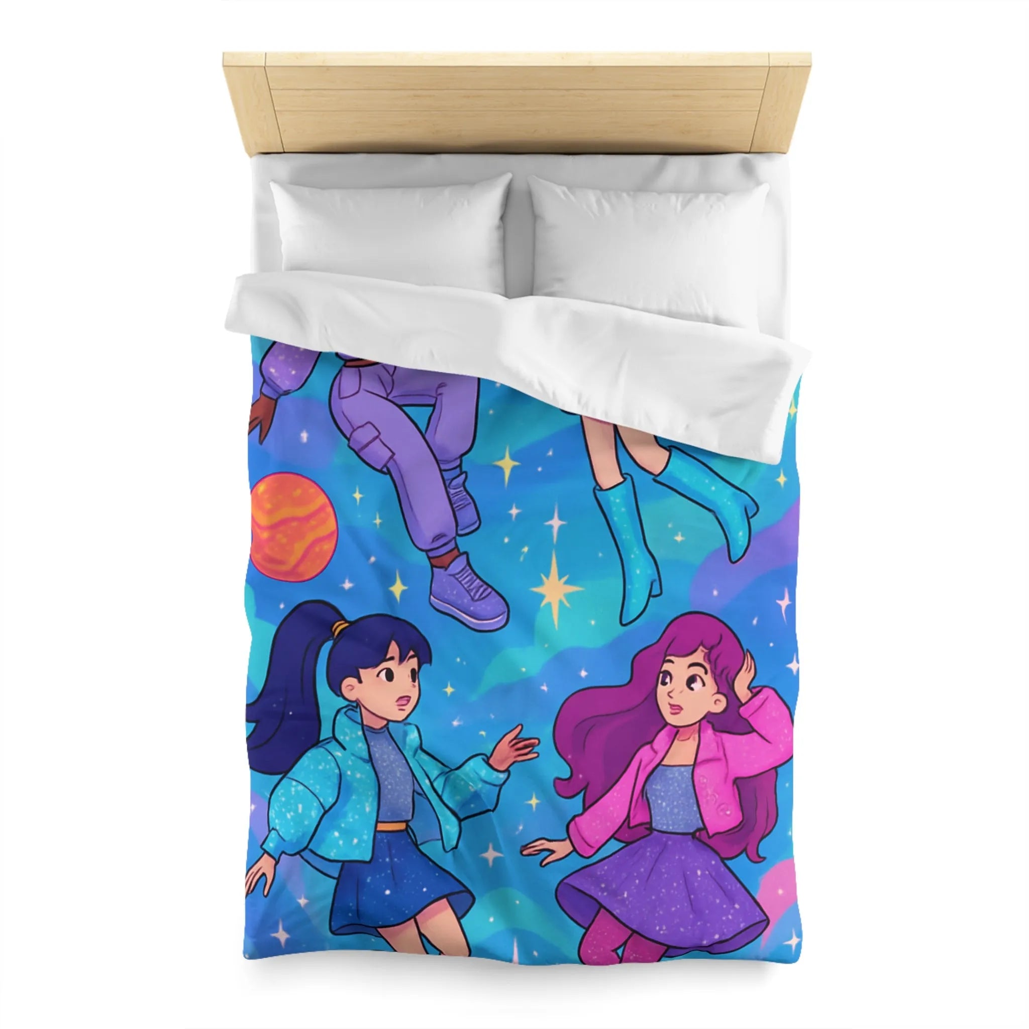 Housse de couette colorée avec filles dans l'espace et étoiles scintillantes joyeuses