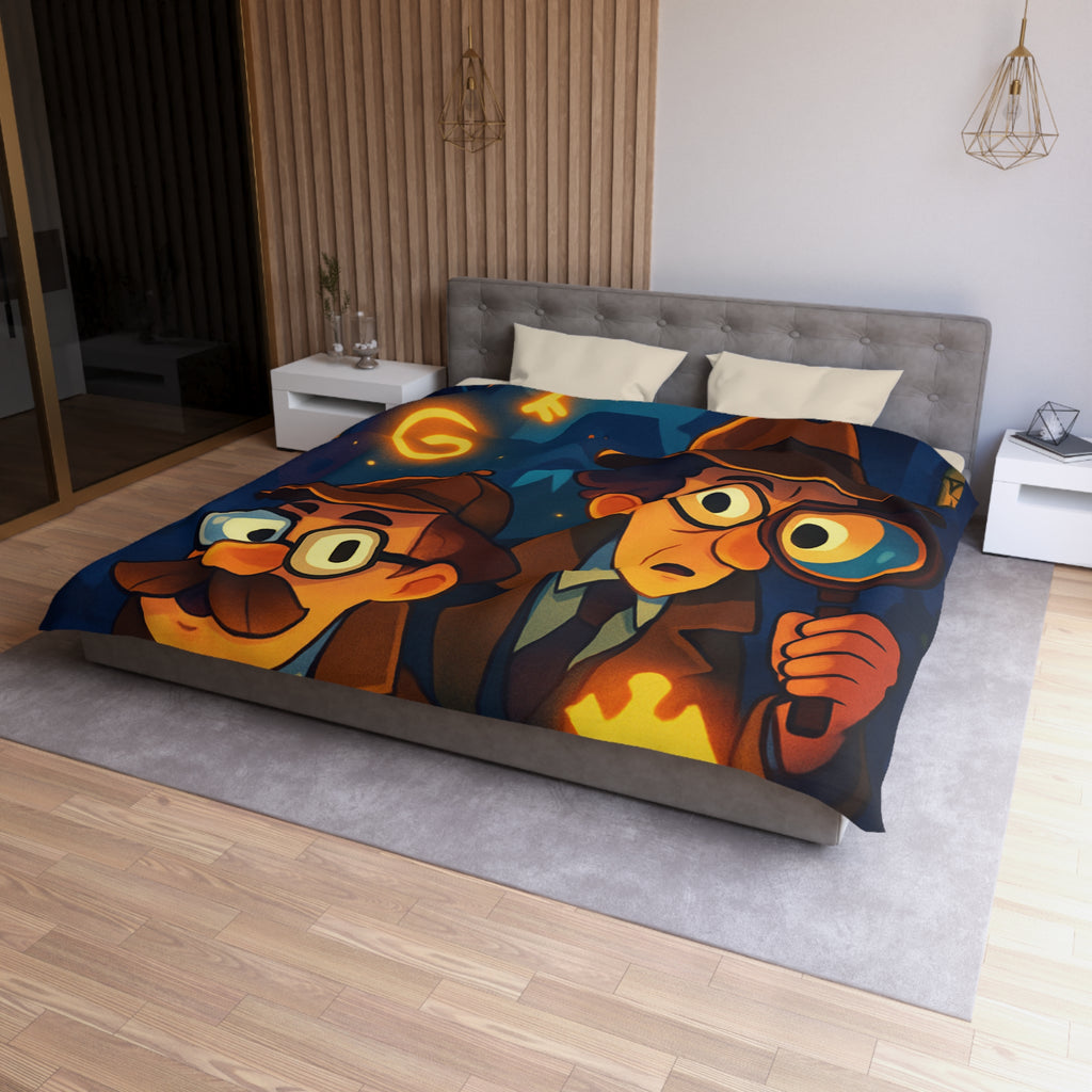Housse de couette mystérieuse avec détectives sous un ciel étoilé, lunettes et loupe