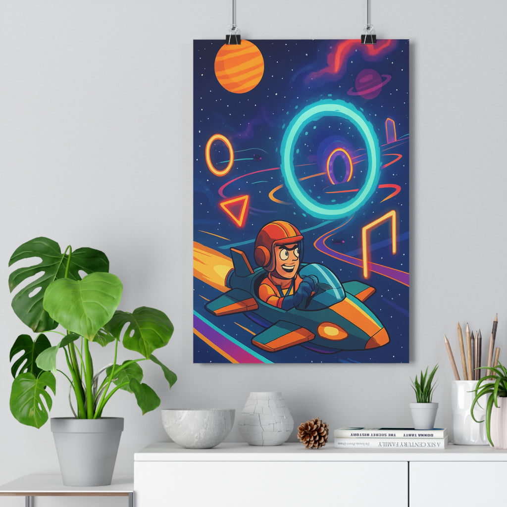 Poster décoratif dessin animé scifi bleu orange violet aventure chambre enfant vaisseau spatial lumineux