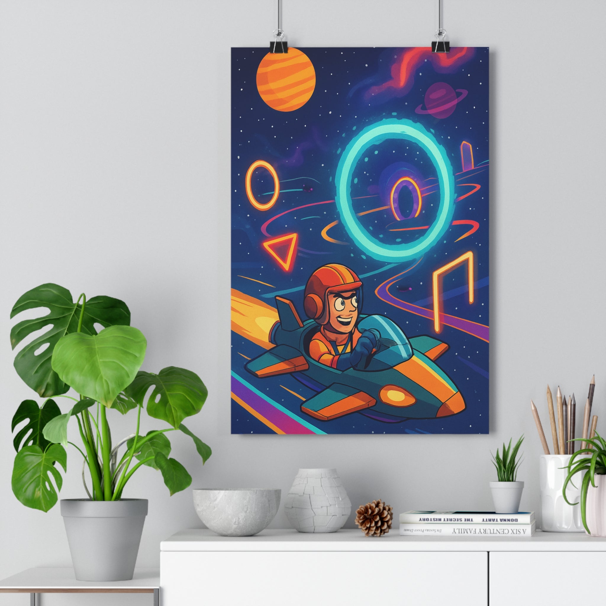 Poster décoratif dessin animé scifi bleu orange violet aventure chambre enfant vaisseau spatial lumineux