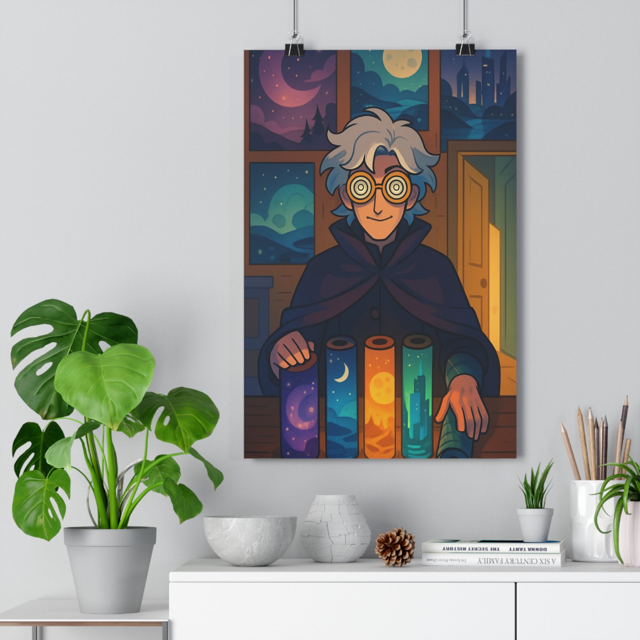 Poster décoratif personnage mystique bleu violet orange magique salon chambre art mural design qualité