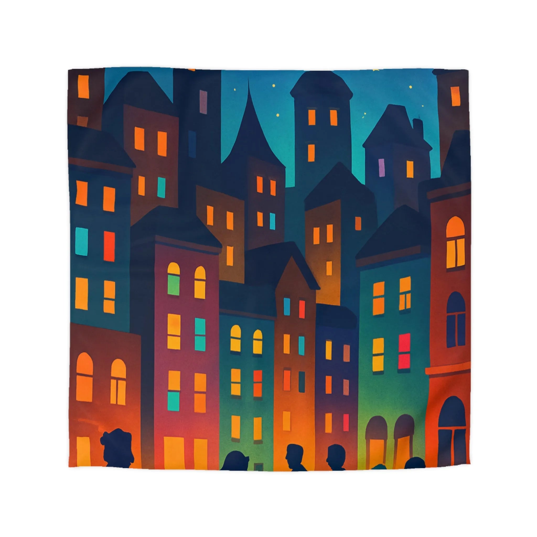 Housse de couette ambiance urbaine douce avec personnages et immeubles nocturnes stylisés