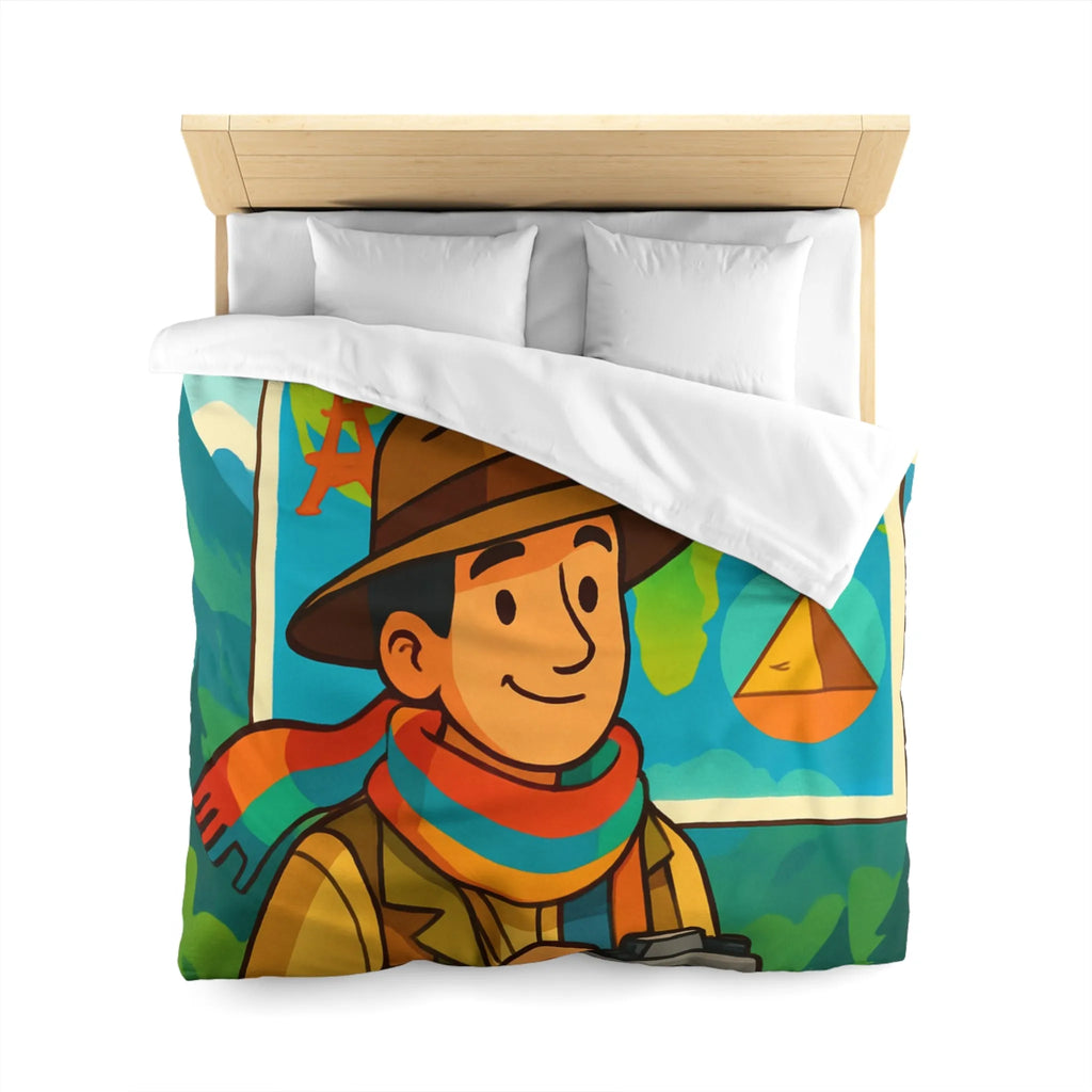 Housse de Couette Aventure Monde Carte Explorateur avec Illustrations Colorées et Éléments Culturels
