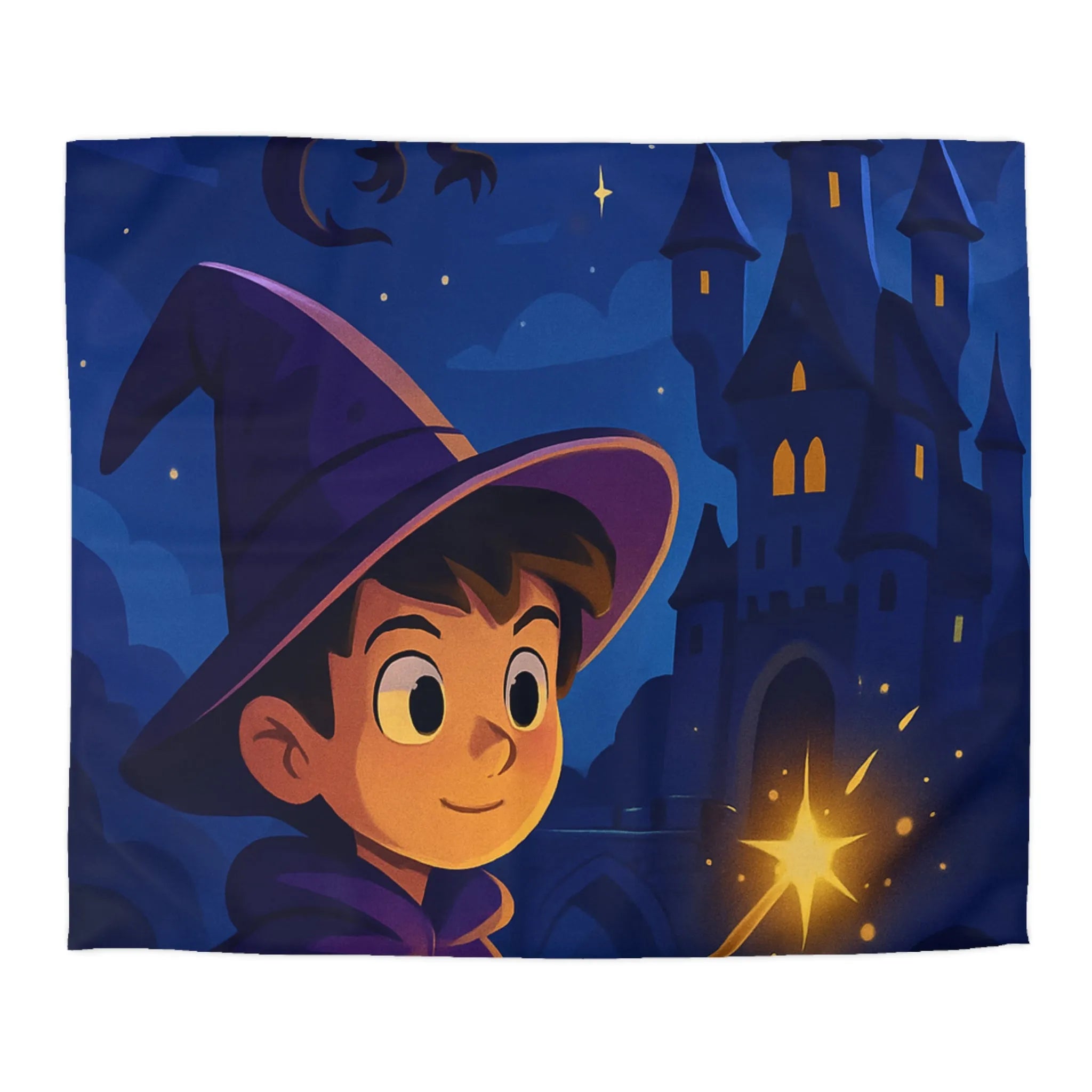 Housse de couette magique pour enfant avec jeune sorcier et château enchanté