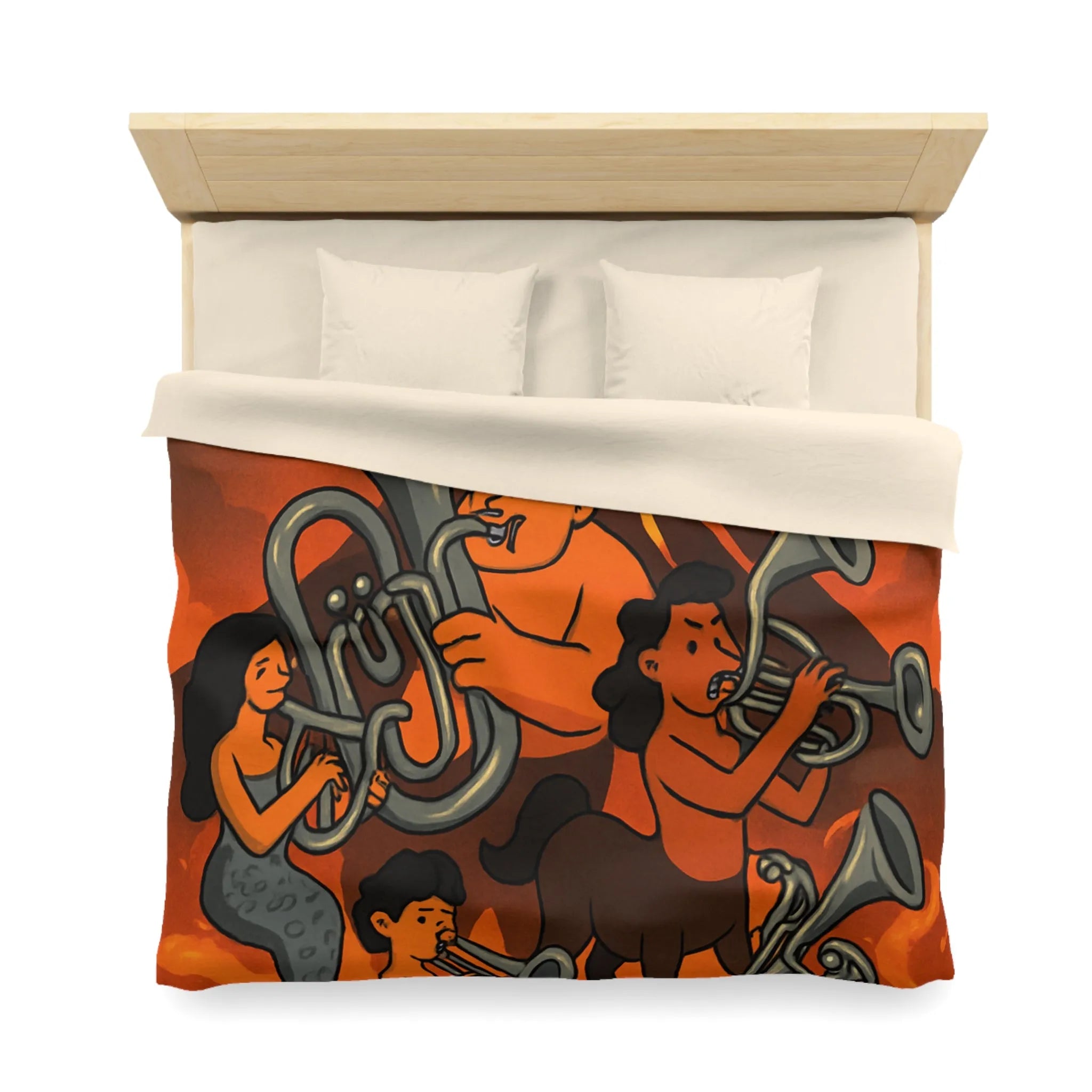 Housse de couette avec design mythique de musiciens sur fond volcanique flamboyant