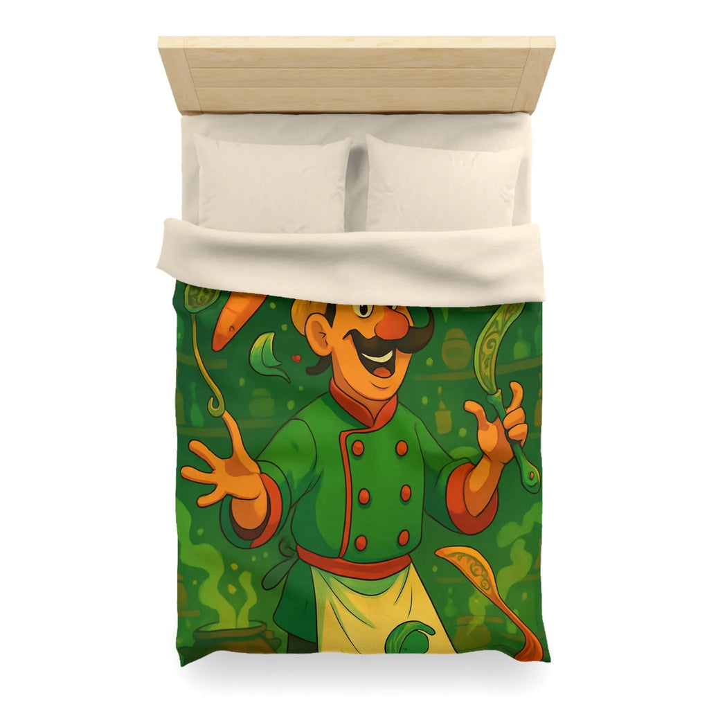 Housse De Couette Chef Cartoon Coloré Jonglant Avec Légumes Dans Cuisine Magique Verte