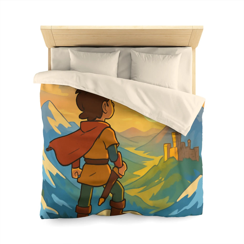 Housse de couette avec paysage montagneux, jeune aventurier et châteaux au coucher de soleil