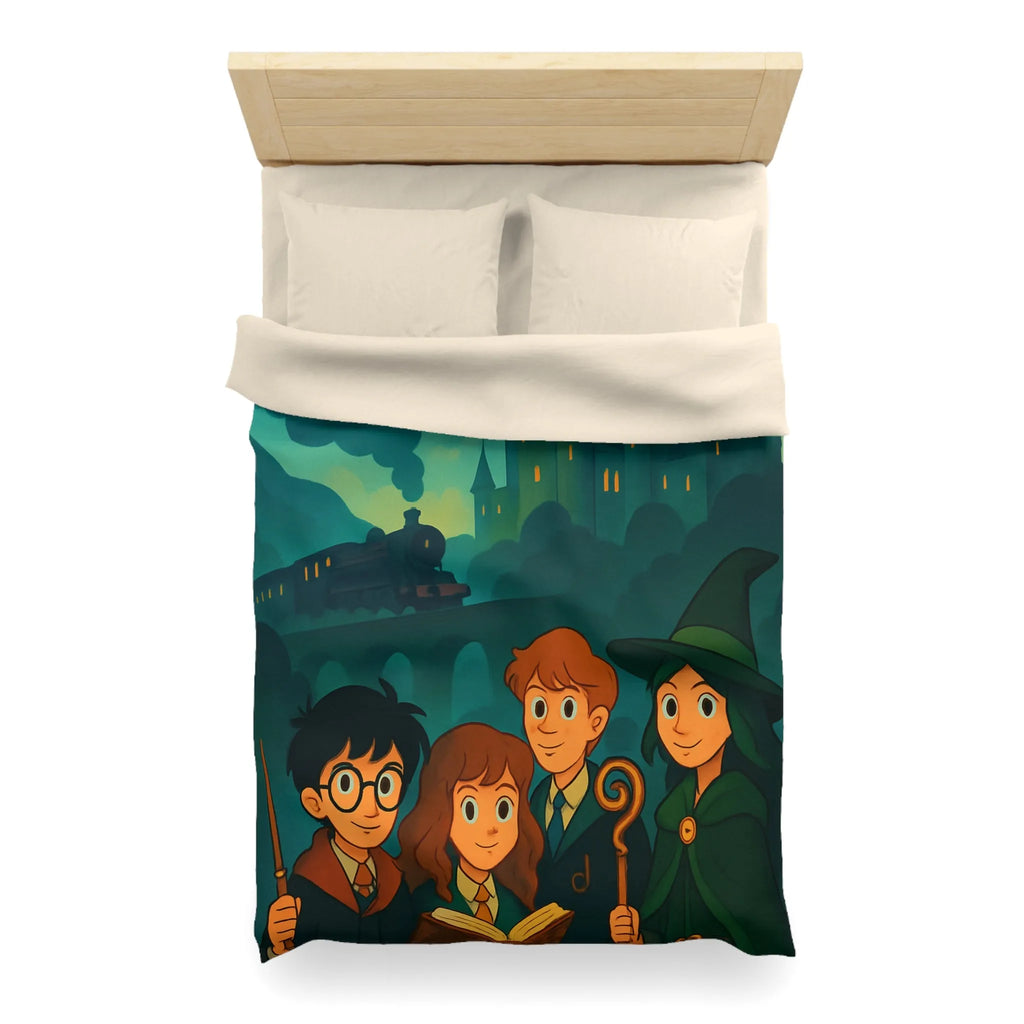 Housse de couette magique avec château et étudiants en sorcellerie dans une forêt enchantée
