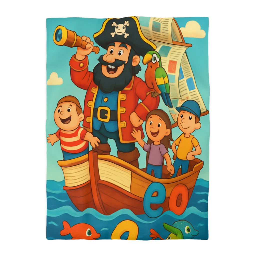 Housse de couette enfant pirate avec voyelles, perroquet et mer colorée