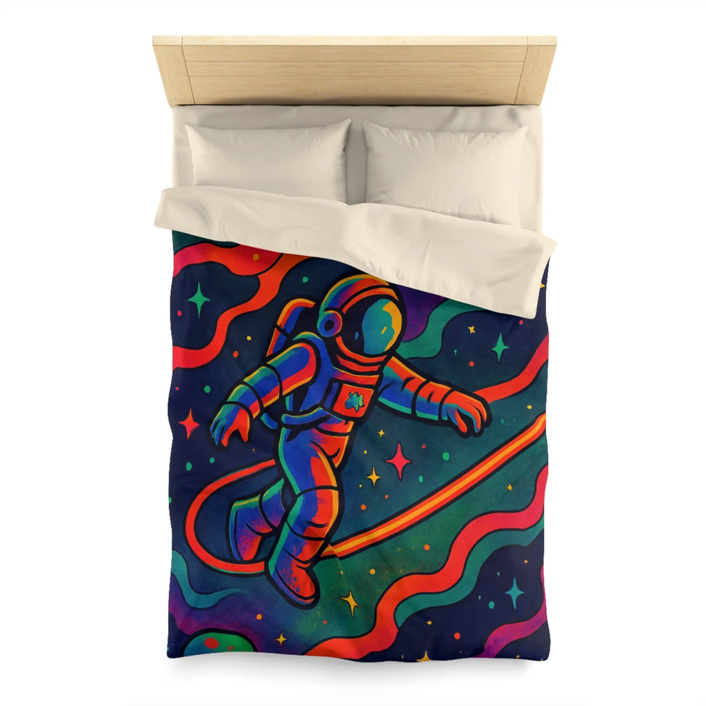Housse de couette astronaute flottant dans un cosmos aux couleurs psychédéliques vibrantes