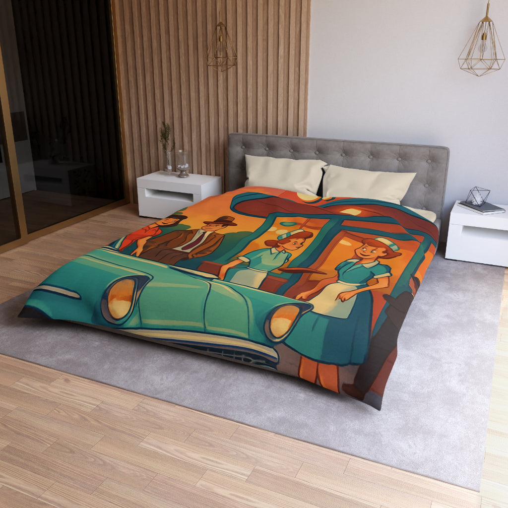 Housse de couette rétro avec illustration de café américain et voiture vintage