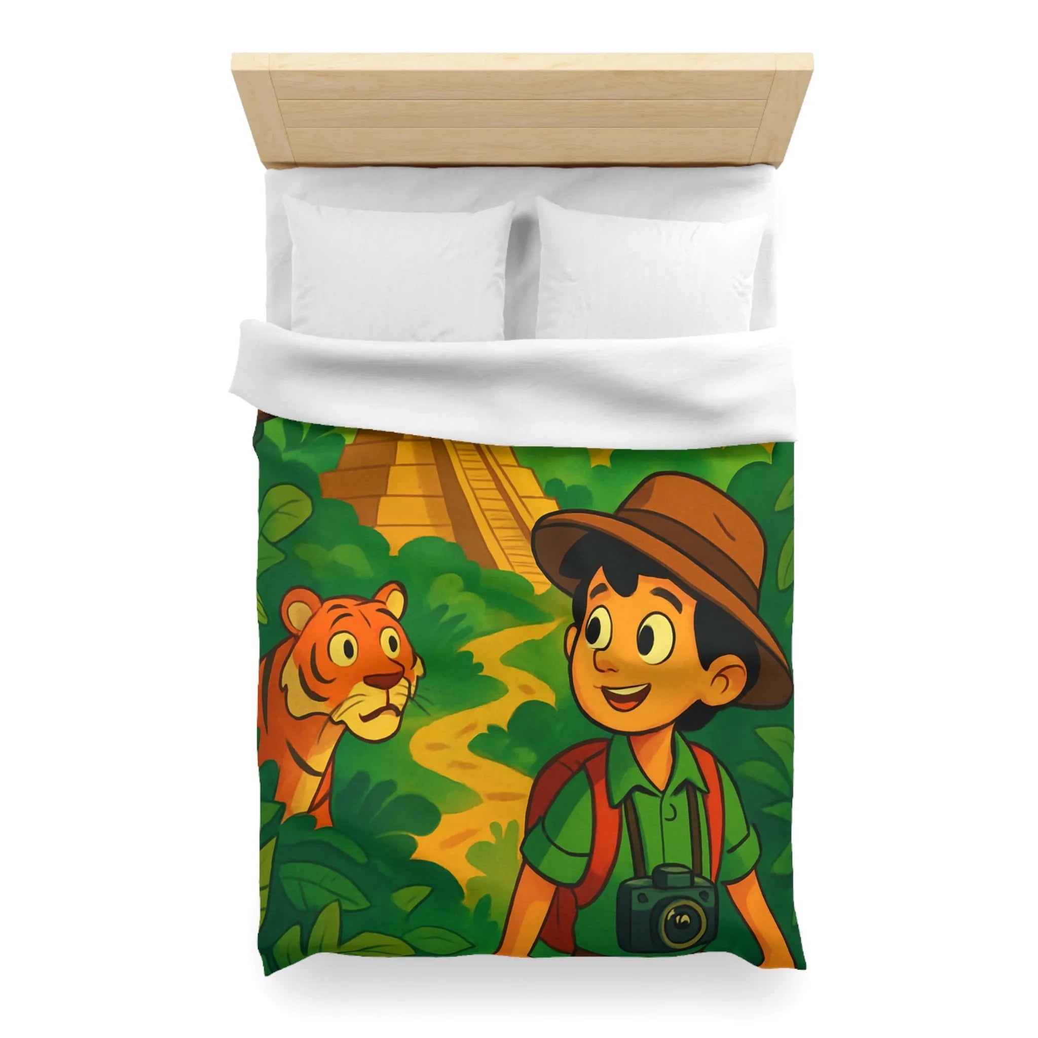 Housse de couette aventure jungle pour enfants avec château et animaux exotiques colorés