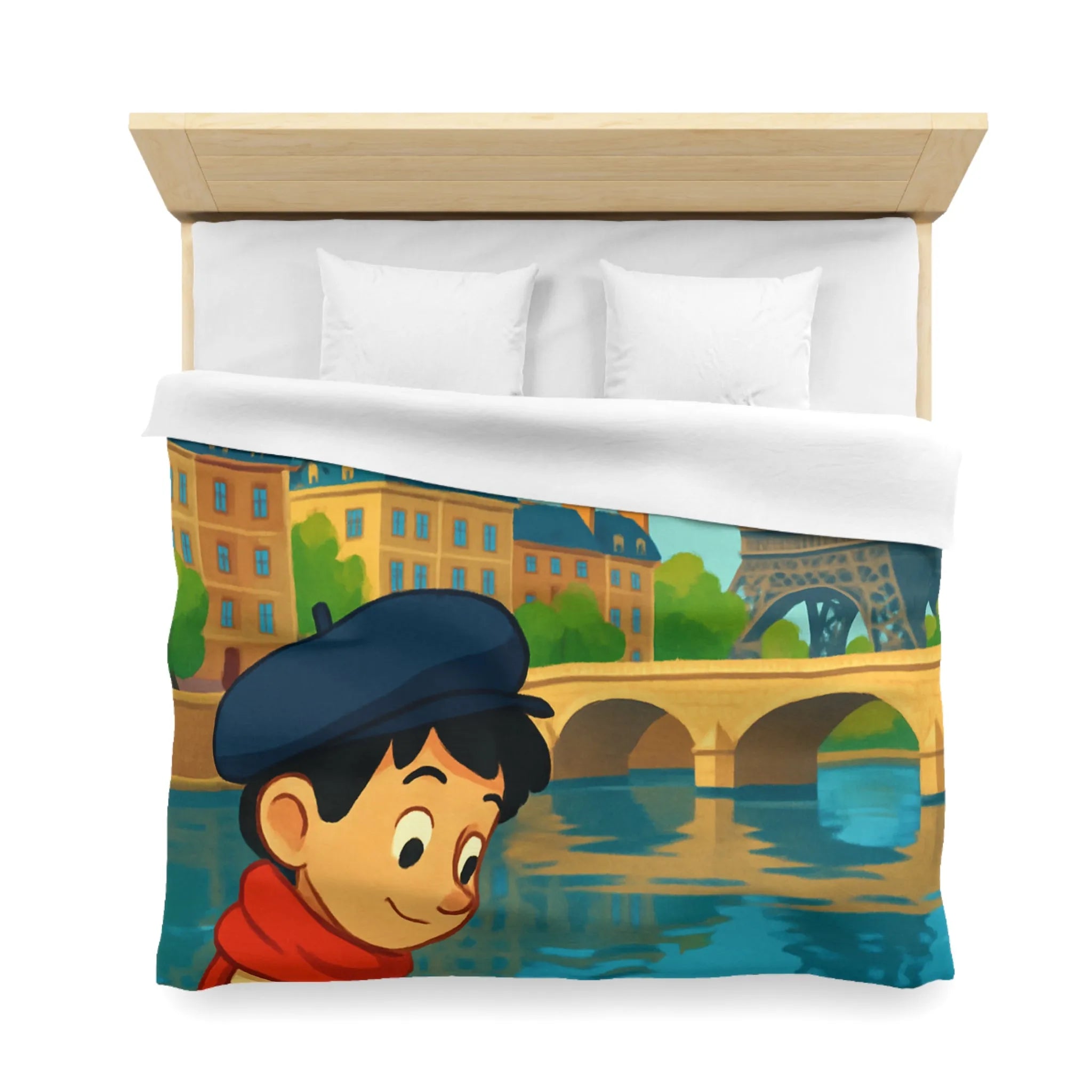 Housse de Couette Artistique Parisienne avec Enfant et Tour Eiffel au Printemps