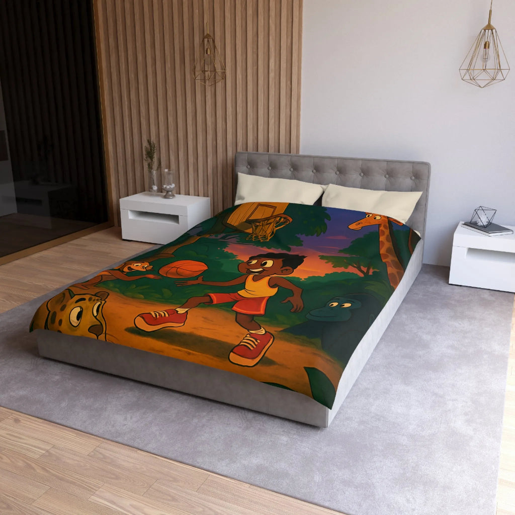 Housse de couette enfant jungle colorée avec garçon jouant au basket et animaux amusants