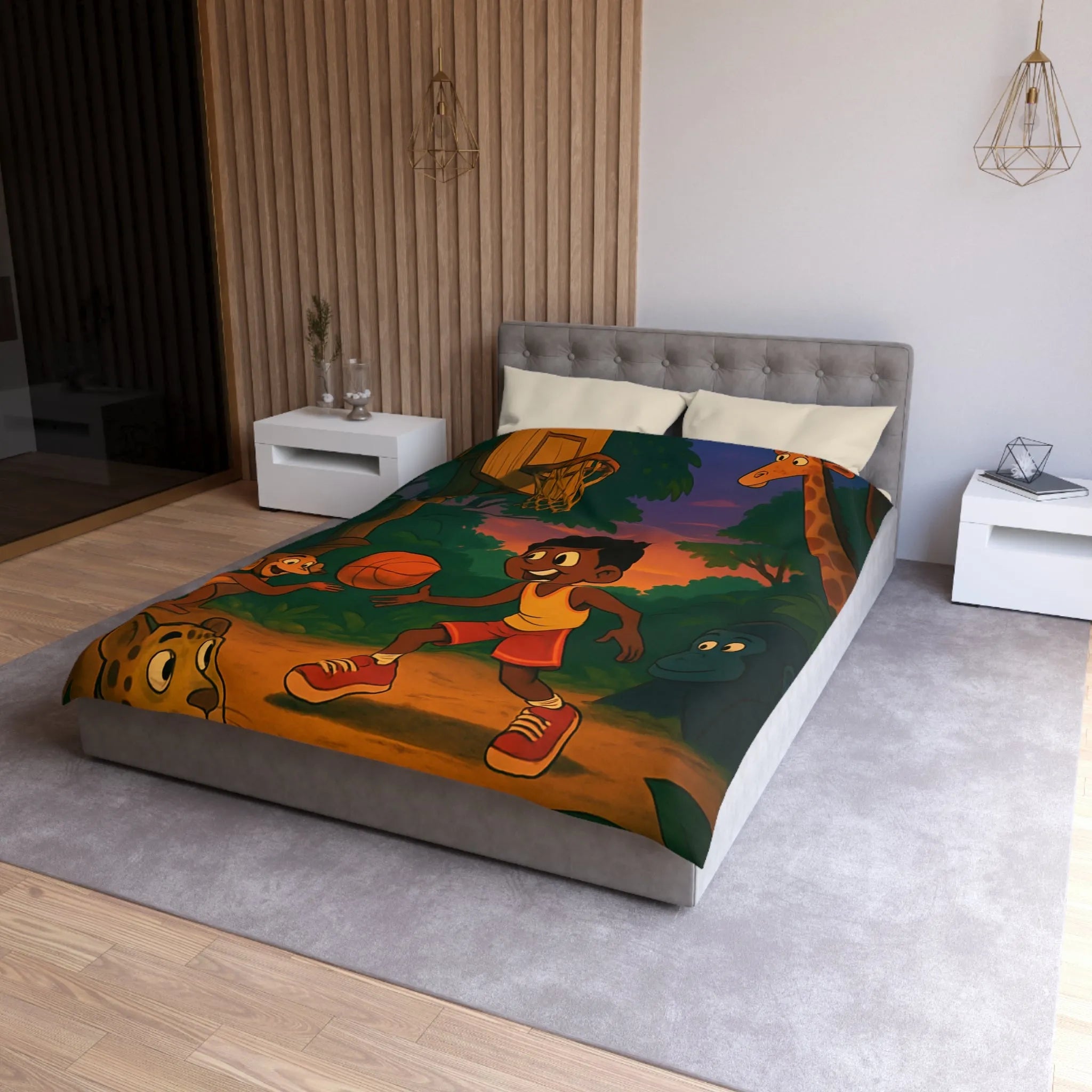Housse de couette enfant jungle colorée avec garçon jouant au basket et animaux amusants