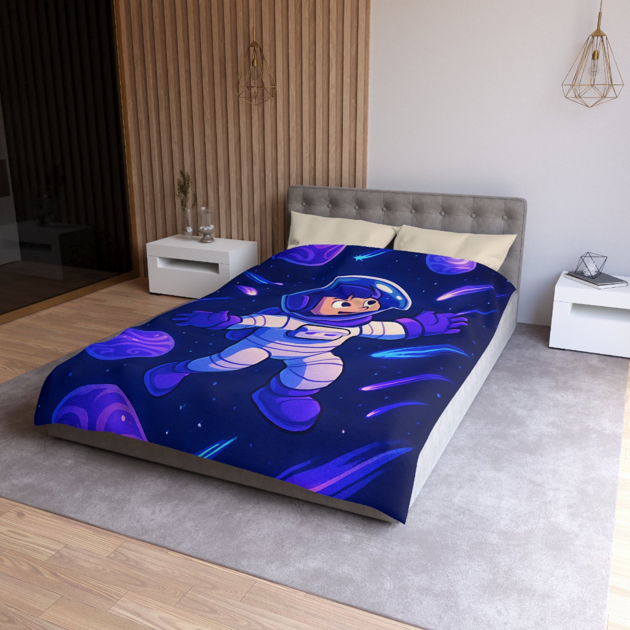 Housse de couette enfant thème espace avec astronaute et planètes colorées violettes