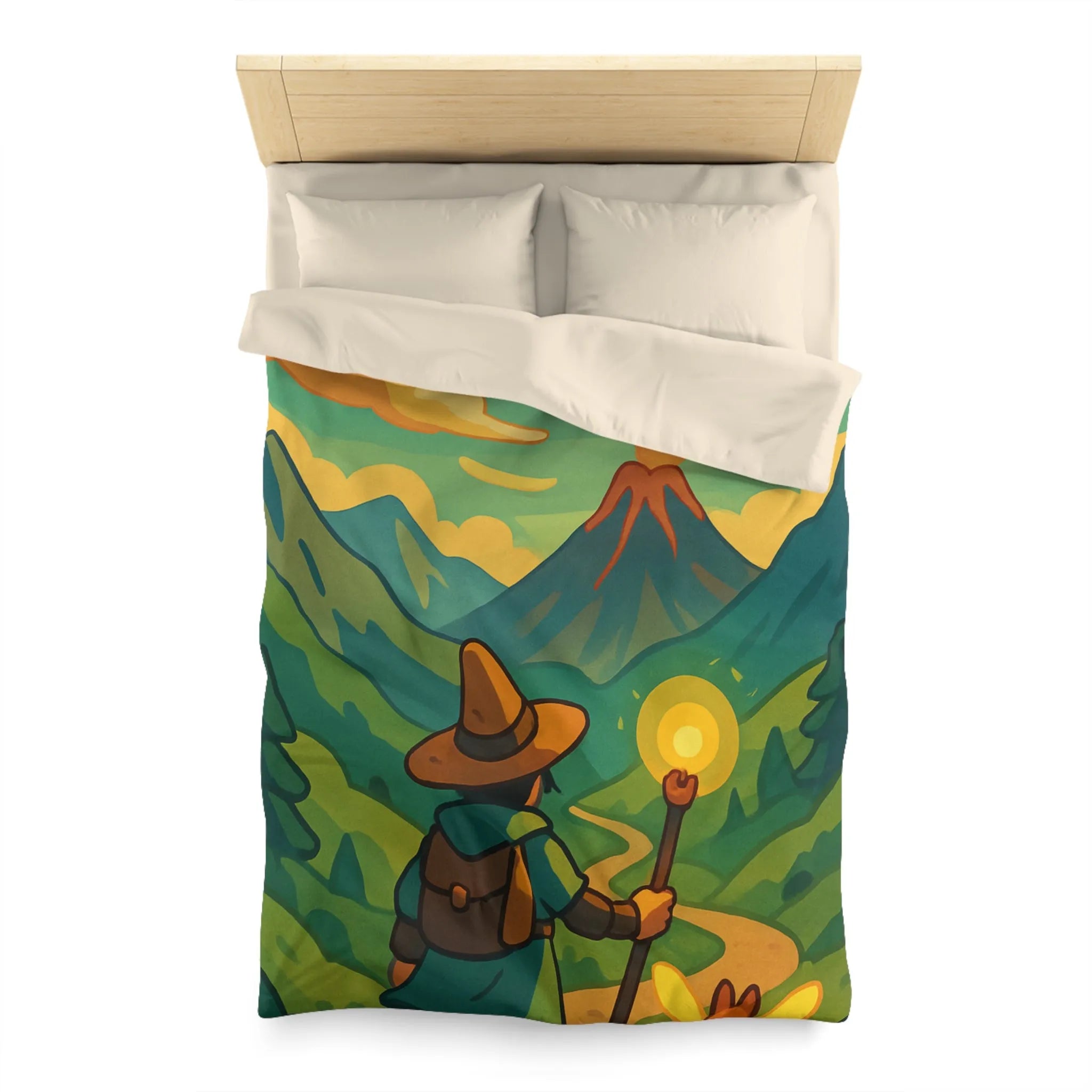 Housse de couette magique aventure volcan, randonnée féerique enchantée animaux rougeoyant lumineux