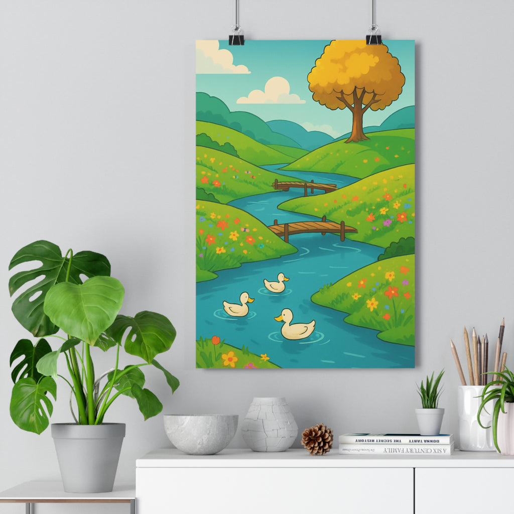 Poster décoratif cartoon naturel vert jaune chambre salon paysage calme apaisant moderne impression qualité