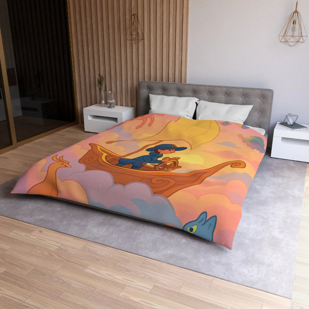Housse de Couette Enchantée Avec Licorne et Bateau Volant Dans le Ciel Éthéré