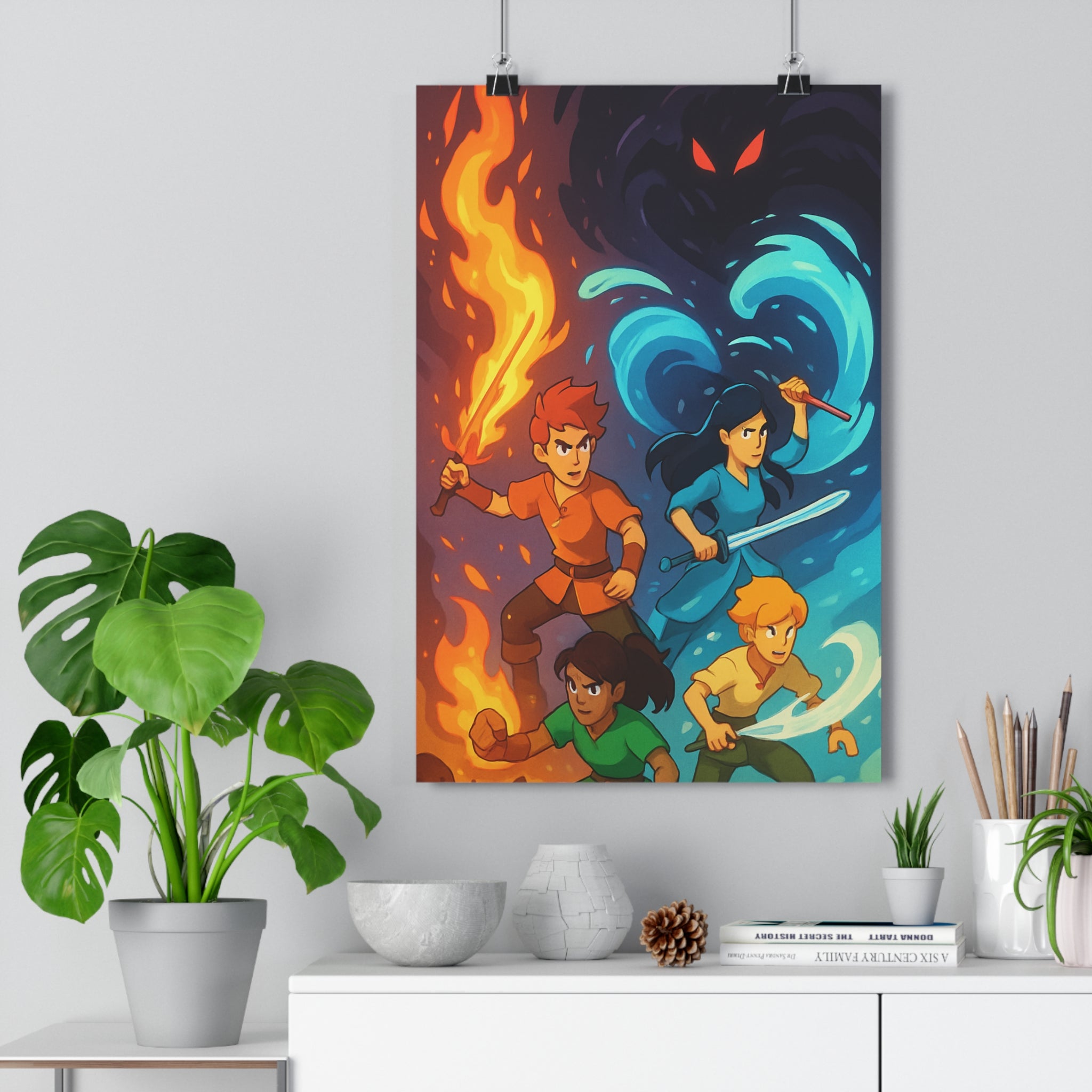 Poster décoratif anime vibrant rouge bleu guerrier épée feu chambre intense dynamique aventure visuel
