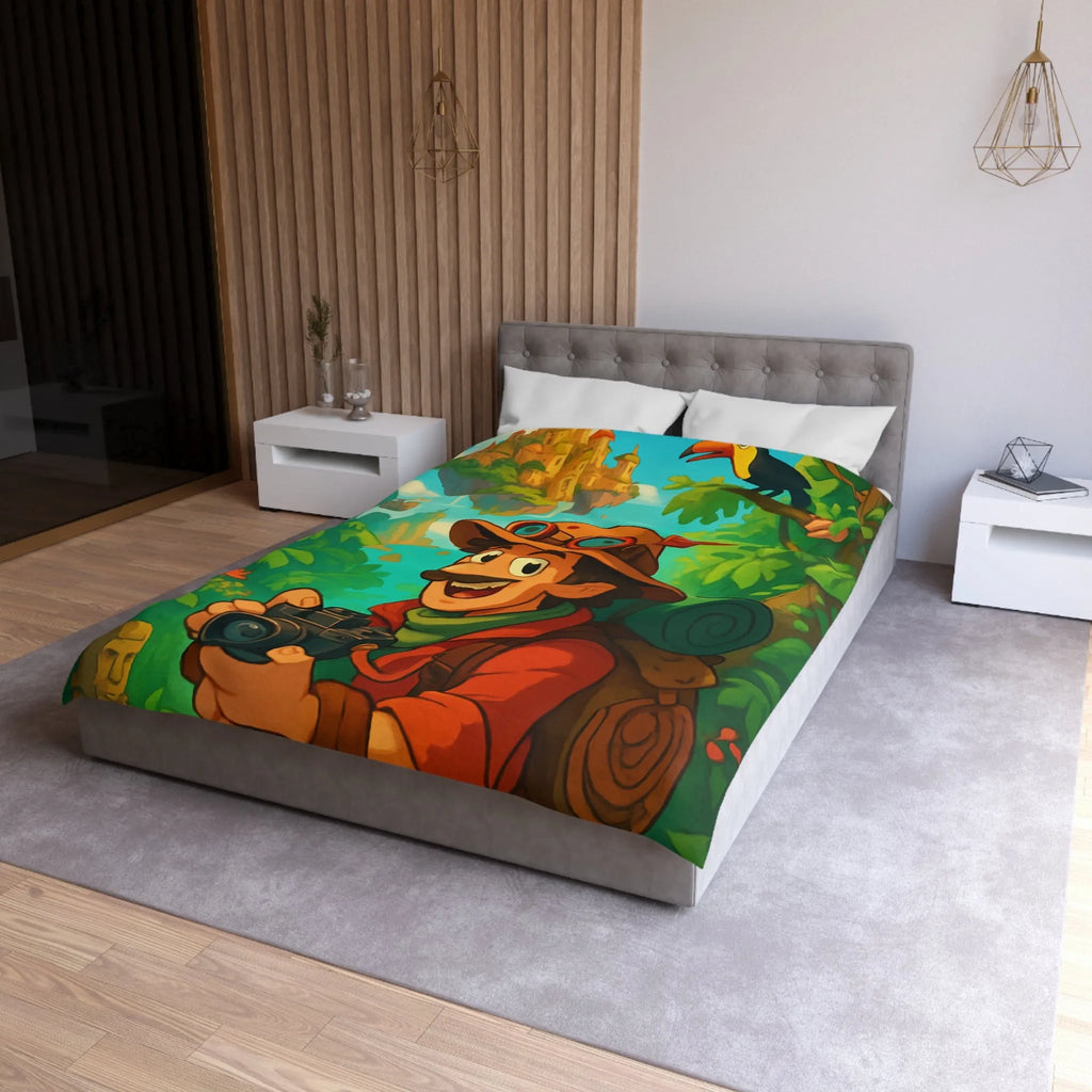 Housse de couette illustrée avec explora-monde et château volant dans jungle exotique