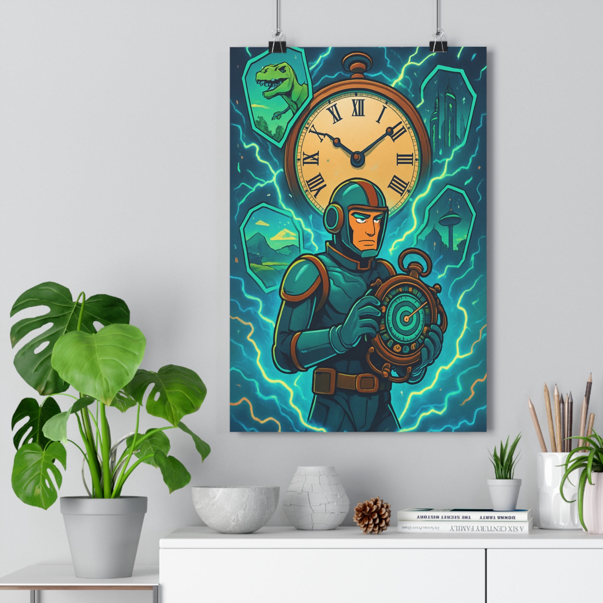 Poster décoratif futuriste bleu vert aventure anime vibrant bureau dynamique horloge voyage temps époque